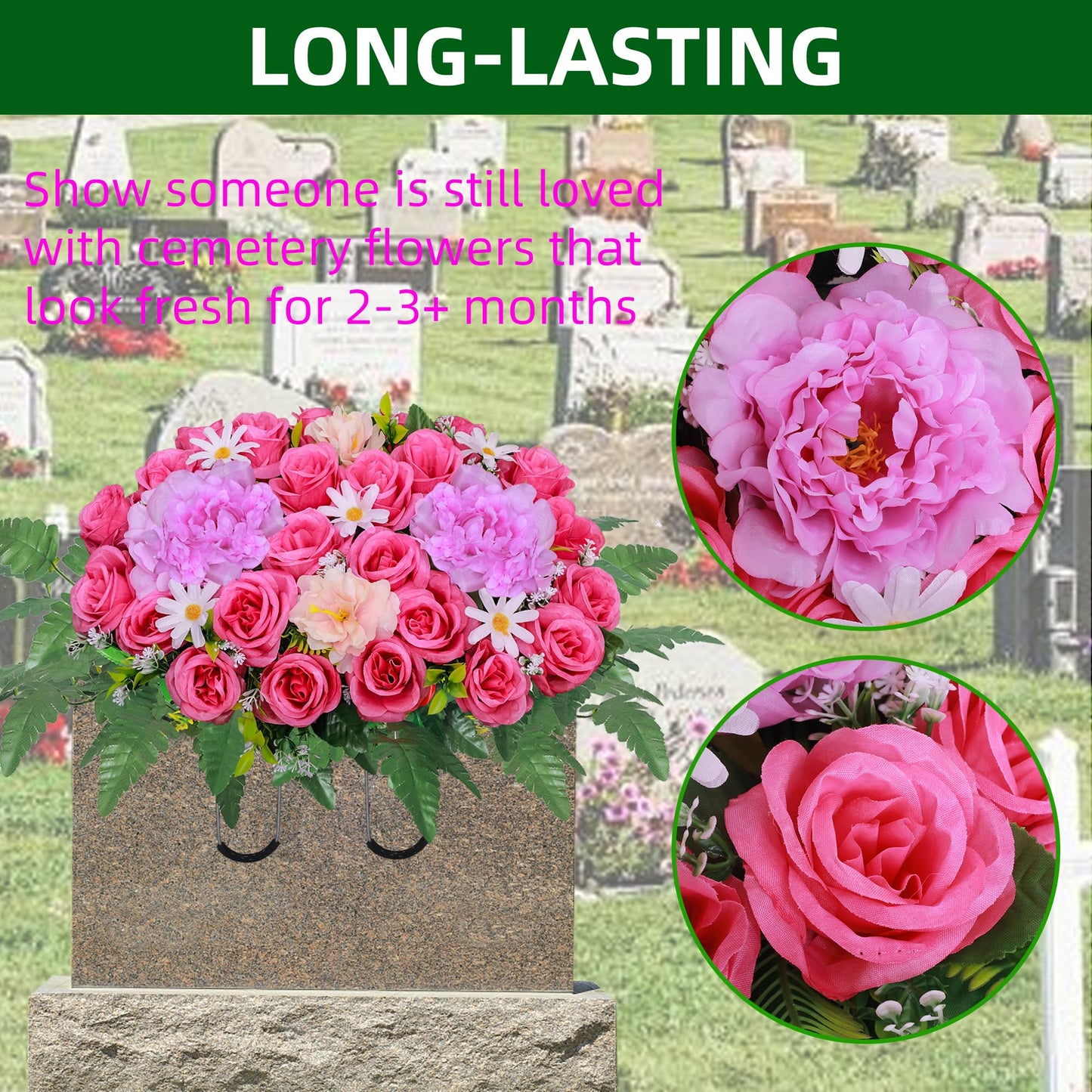 Lodou Artificial Cemetery Flower Saddles for Graves,Outdoor Grave Saddle Headstone Decorations,Artificial Rose Bouquet Grave Memorial Flowers for Grave Decorations (Dark Pink Rose, Saddle)