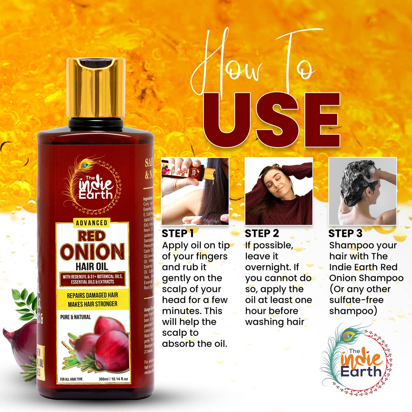 The Indie Earth Advanced Red Onion Oil 300ml, Repairs Damaged Hair - Makes hair Thicker & Stronger