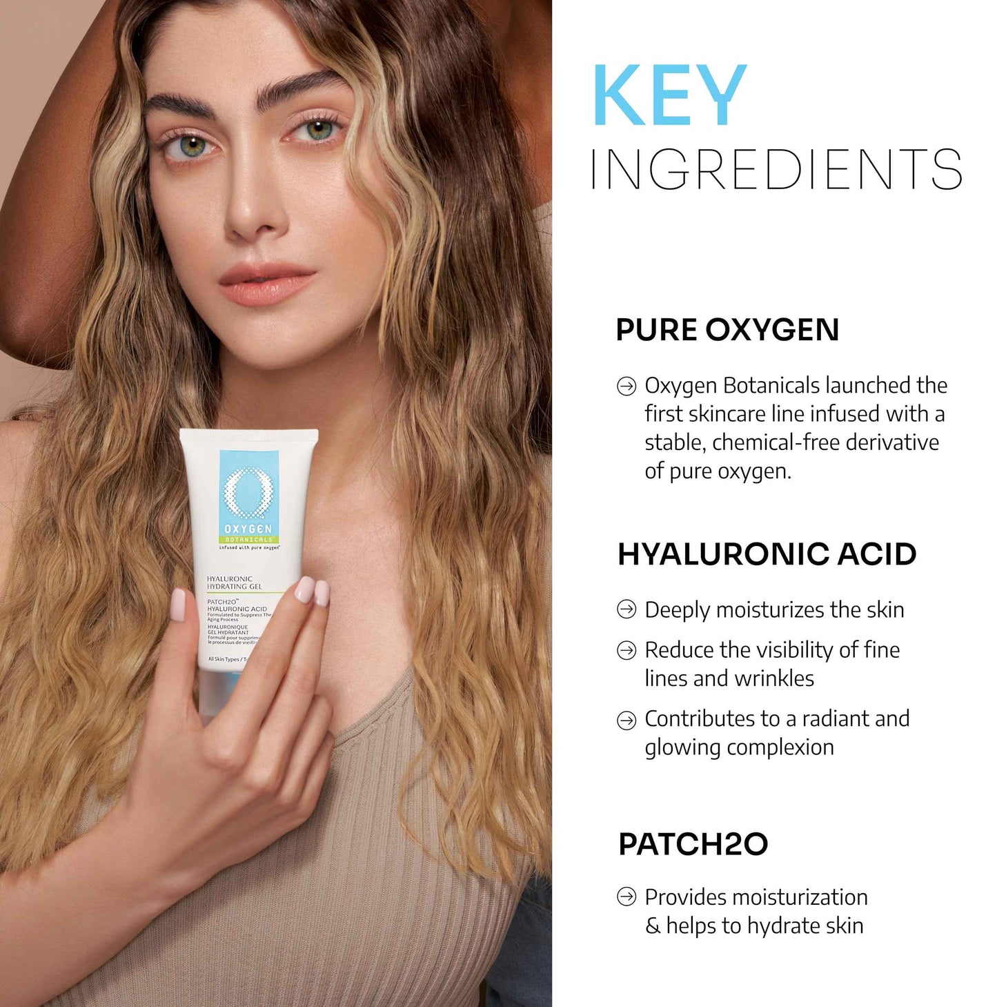 Oxygen Botanicals Hyaluronic Hydrating Gel plus PATCH2O -Moisturizing gel for all skin types, light and refreshing formula, daily protection-75ml