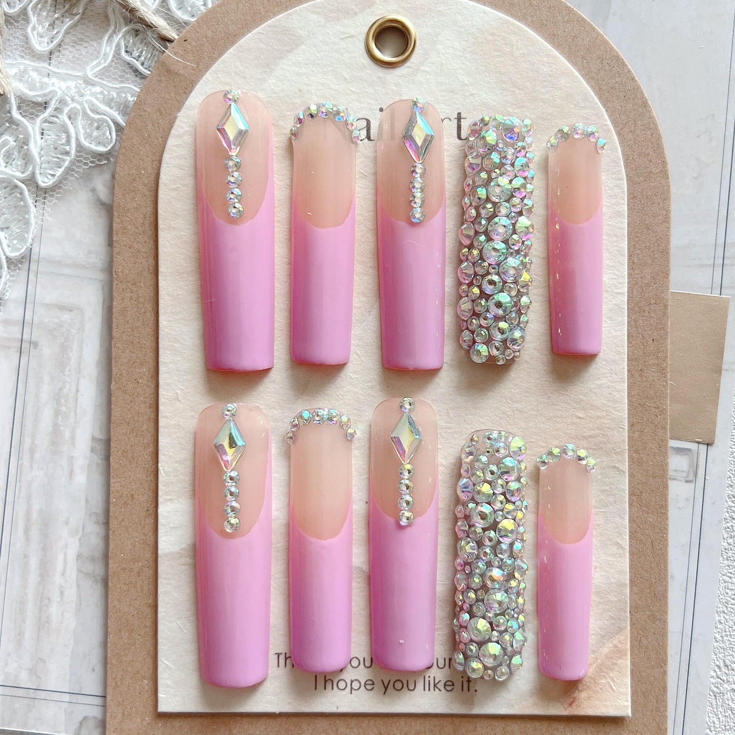 10PCS/SET Glamorous Handmade Press on nails Glitter Crystal AB Rhinestones Gem French Long Coffin Nails Party Nails XXL Long Artifical Tips ZJ-06 (M)