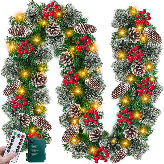 Remote Control - 9 Ft Prelit Christmas Garland 50 Warm Lights Timer 8 Mode Thick 300 Branches 198 Red Berry 18 Pinecone Battery Operated Xmas Decor