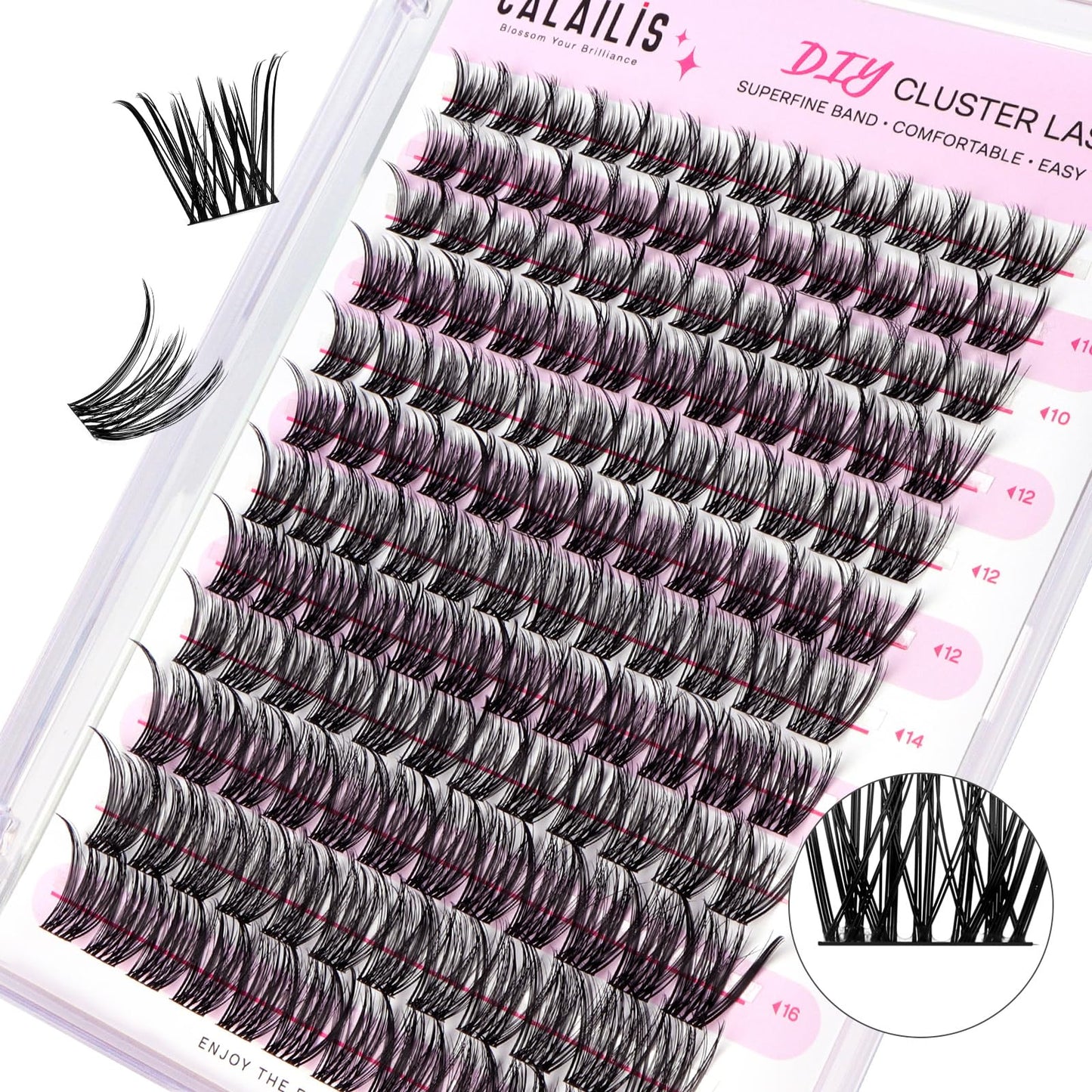 CALAILIS Cluster Lashes, 144Pcs D Curl Lash Clusters DIY Lash Extensions Mega Volume Eyelash Clusters Reusable Wispy Individual Lashes Super Thin Band and Soft (DD506, D-10-16MIX)