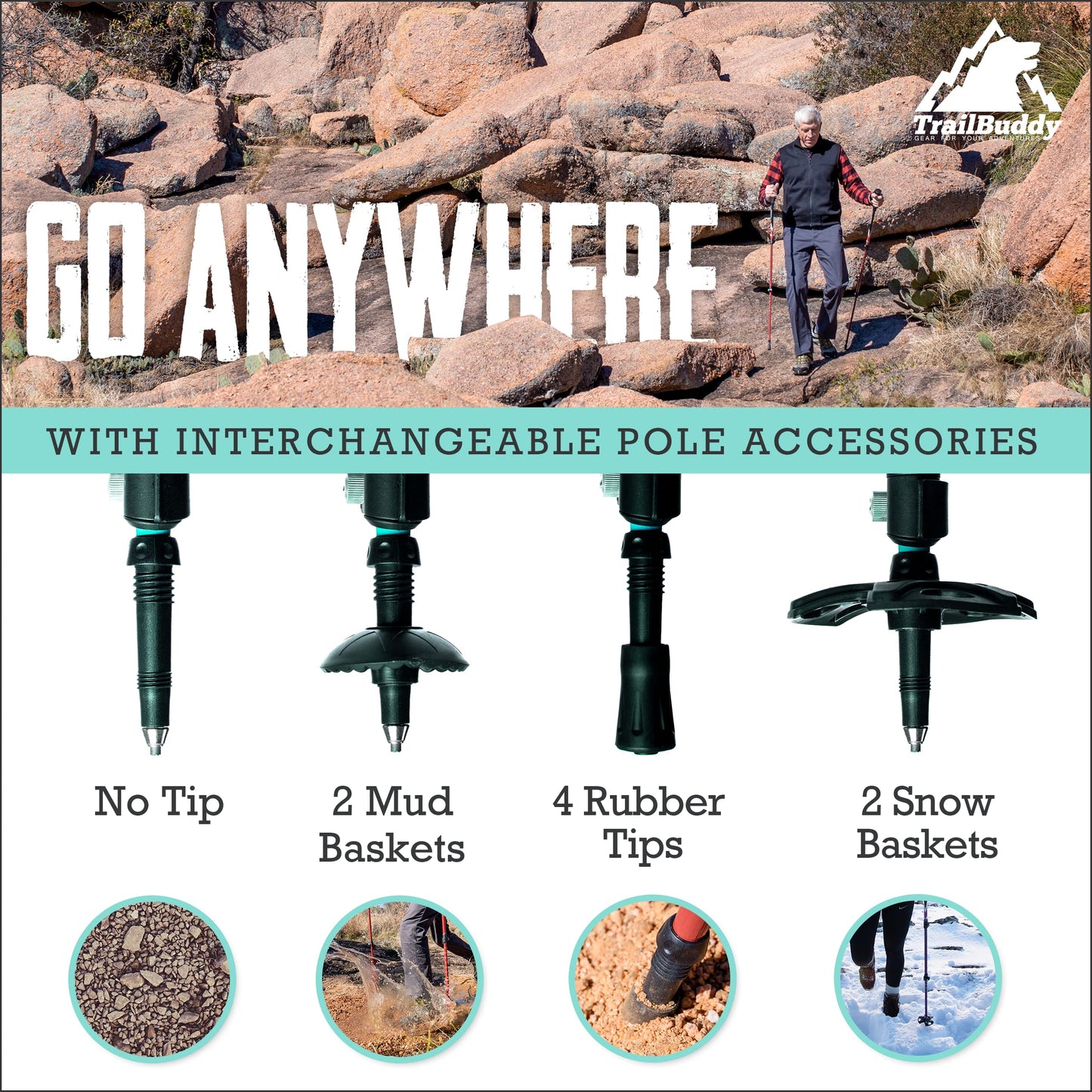 TrailBuddy Lightweight Trekking Poles - 2-pc Pack Adjustable Hiking or Walking Sticks - Strong Aircraft Aluminum - Quick Adjust Flip-Lock - Cork Grip, Padded Strap