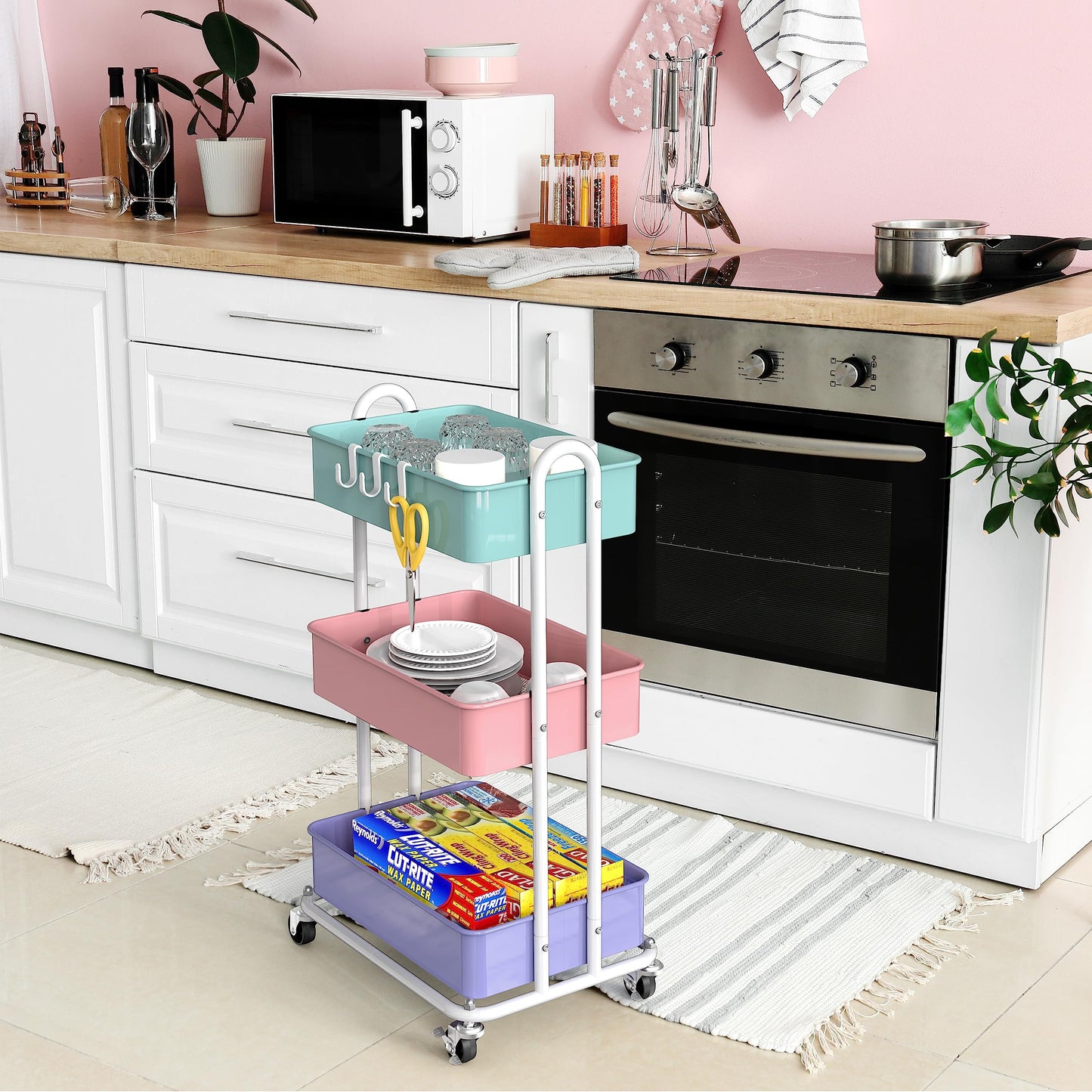 Simple Houseware Heavy Duty 3-Tier Metal Utility Rolling Cart, Multicolor