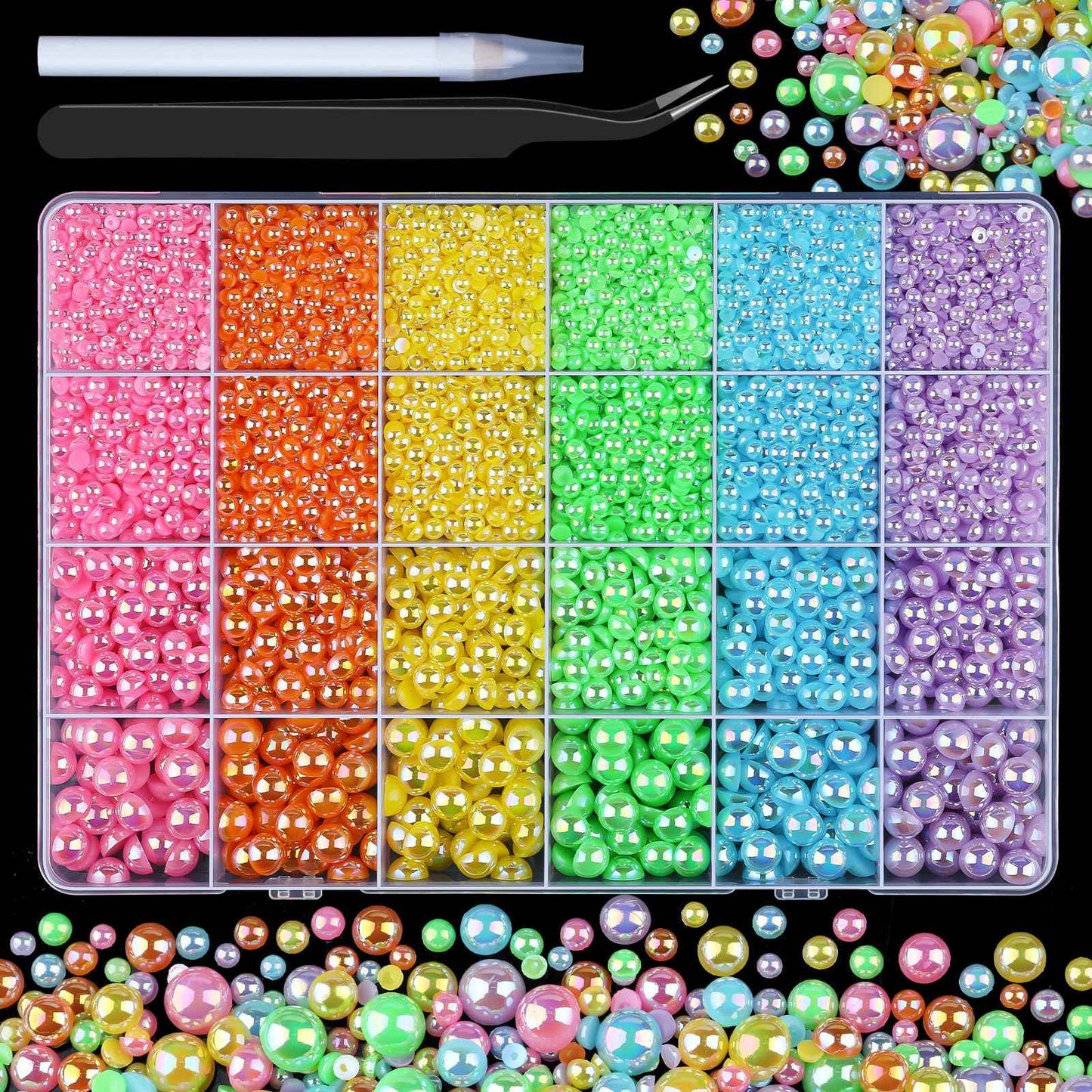 Kikonoke 8500PCS Rainbow Flatback Pearls Set, 3/4/6/8mm Pink Purple Blue Half Round Pearls Bedazzling Bead with Tweezer and Pickup Pen for Nail Art Wedding Tumbler DIY Crafts