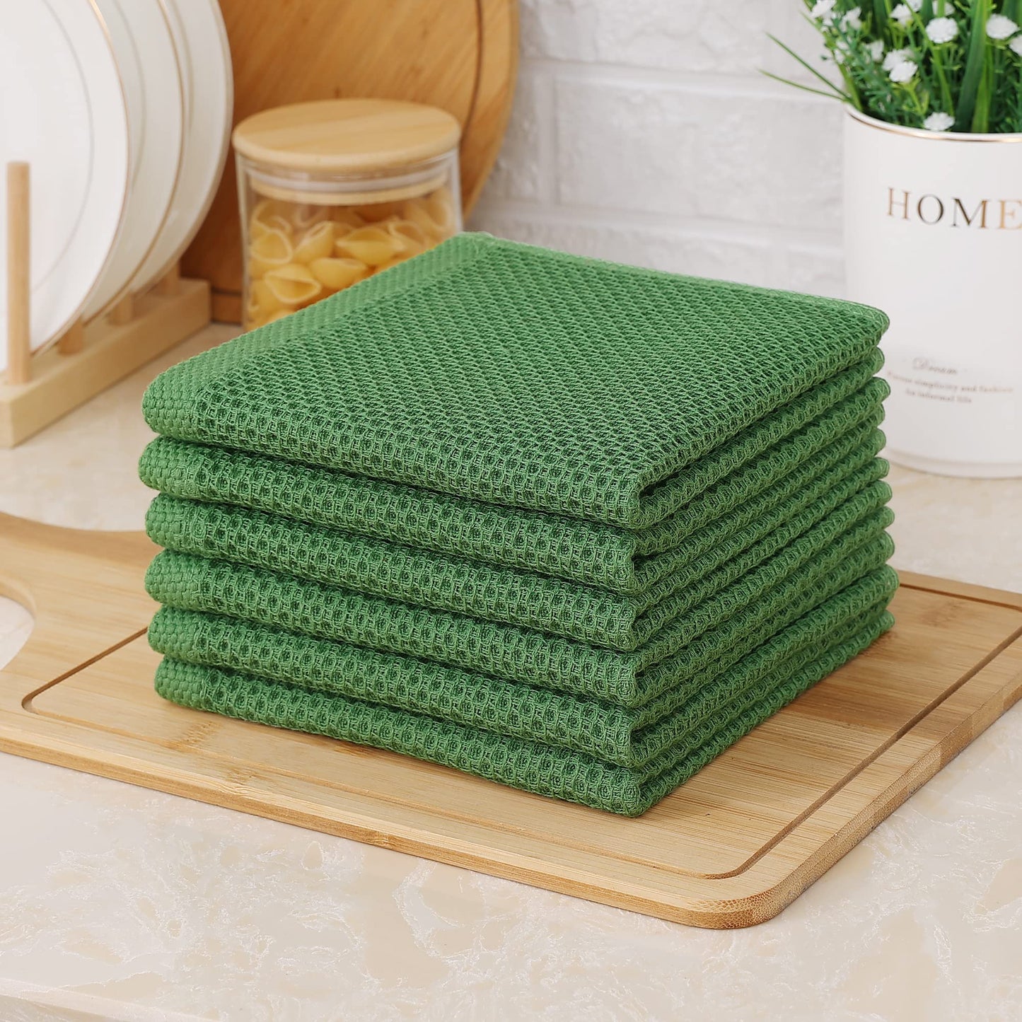 Kitinjoy 100% Cotton Kitchen Dish Cloths, 6 Pack Waffle Weave Ultra Soft Absorbent Dish Towels for Drying Dishes Quick Drying Kitchen Towels Dish Rags, 12 X 12 Inches, Grass Green