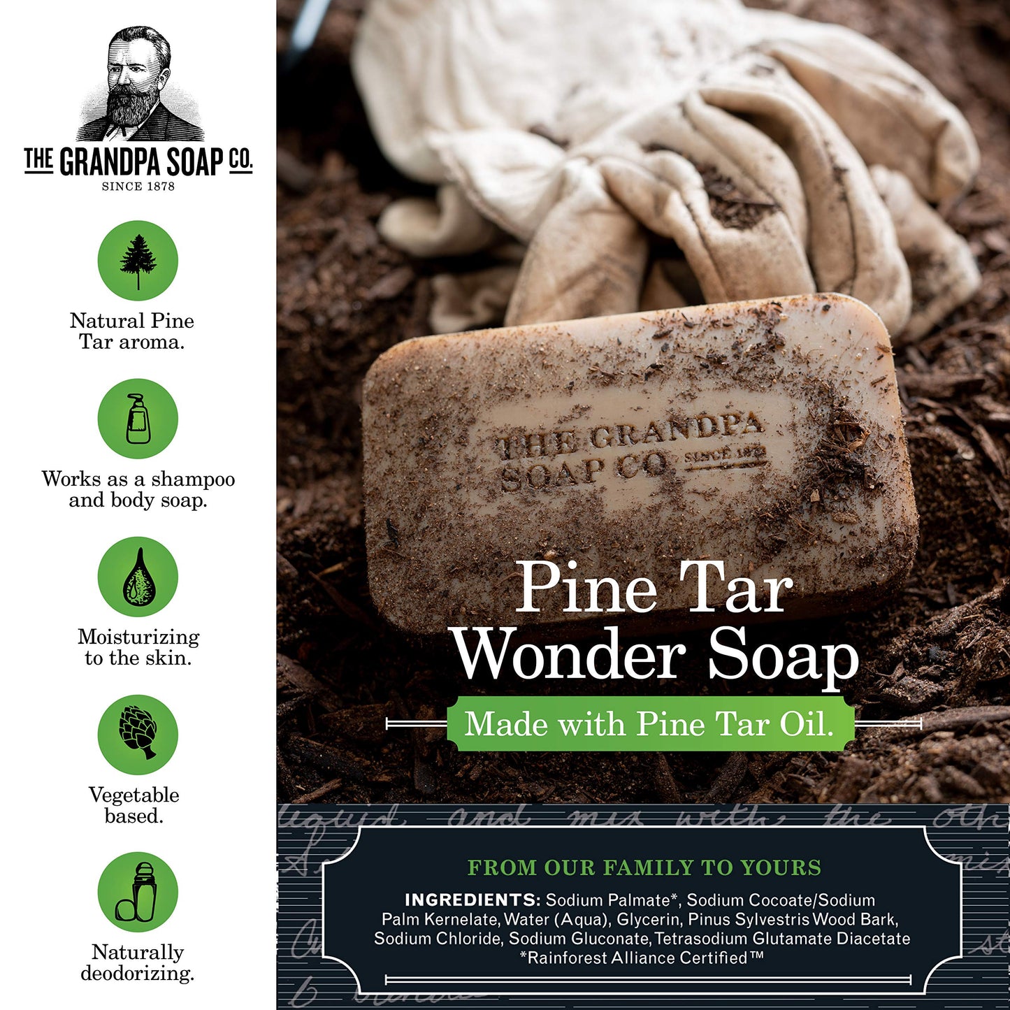 Pine Tar Bar Soap by The Grandpa Soap Company | The Original Wonder Soap |Vegan, 3-in-1 Cleanser, Deodorizer & Moisturizer | 3.25 Oz.