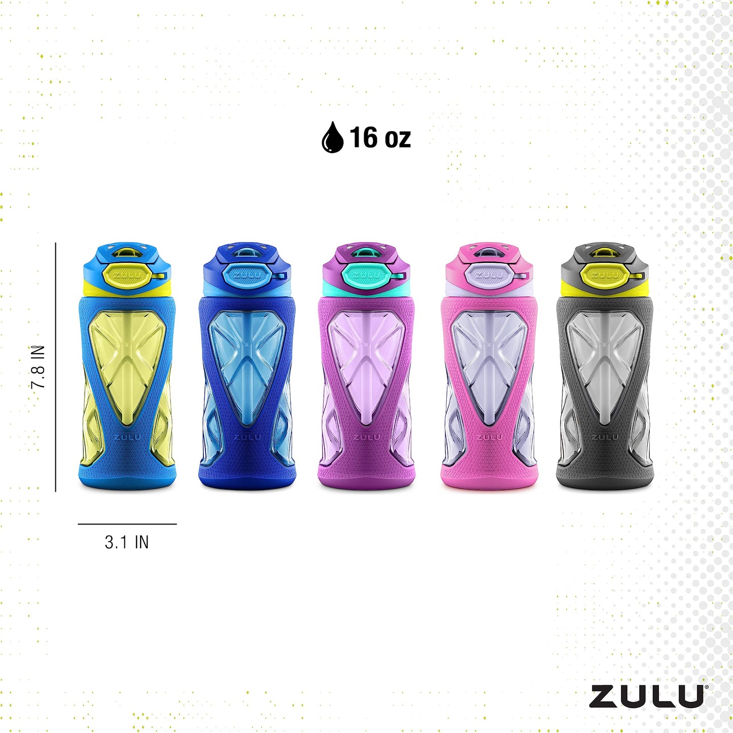 ZULU Torque 2 Pack 16oz Plastic Kids Water Bottle with Silicone Sleeve and Leak-Proof Locking Flip Lid, Soft Touch Carry Loop for School Backpack, Lunchbox, BPA-Free Dishwasher Safe, Pink