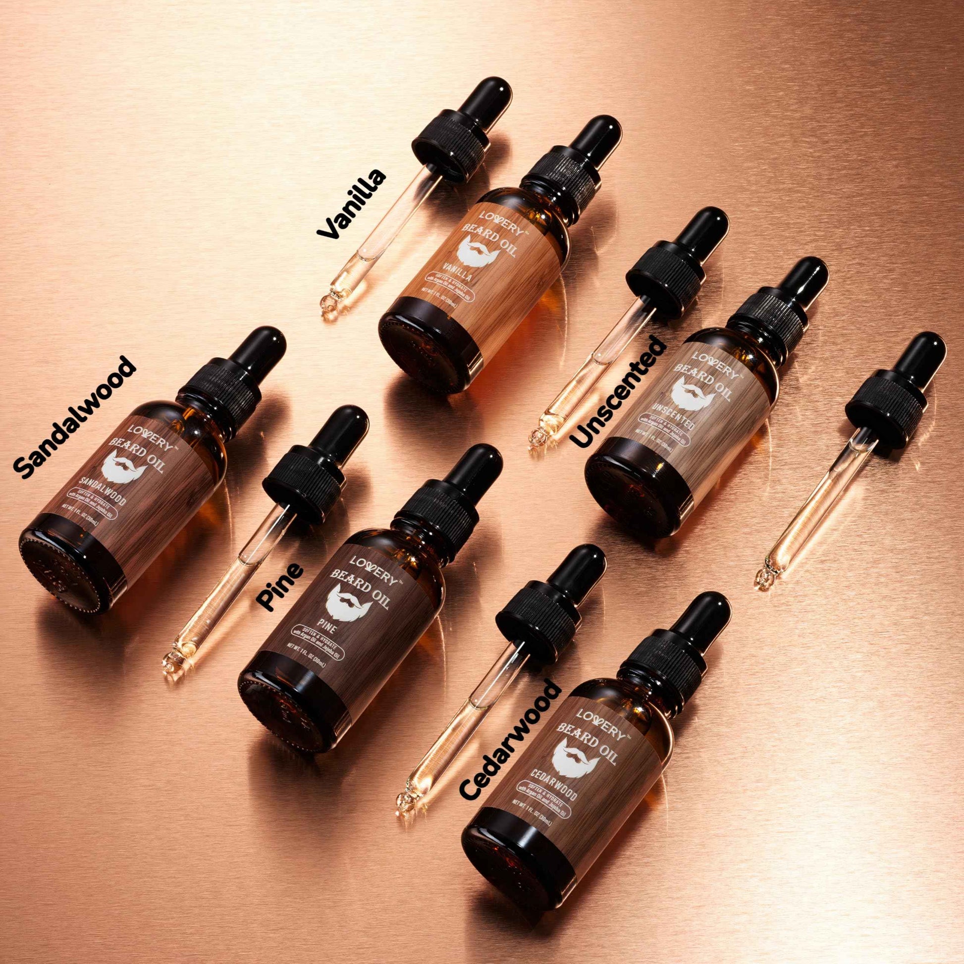 LOVERY (5 Pack Beard Oil for Men, Natural Mens Beard Oil Kit Variety Set - Sandalwood, Vanilla, Cedarwood, Pine, Unscented, W Argan & Jojoba Oil, Mens Beard Softener Grooming Gifts for Him