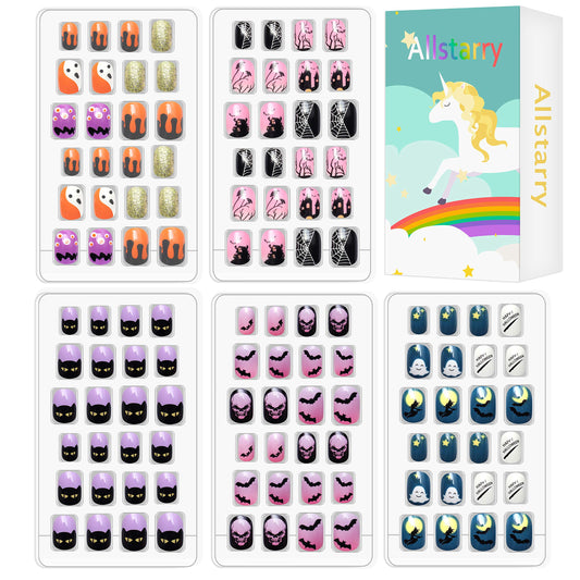 Allstarry 120pcs 5 pack Children Nails Press on Pre-glue Full Cover Glitter Gradient Color Rainbow Short False Nail Kits Lovely Gift for Children Little Girls Nail Art Decoration - Halloween Series