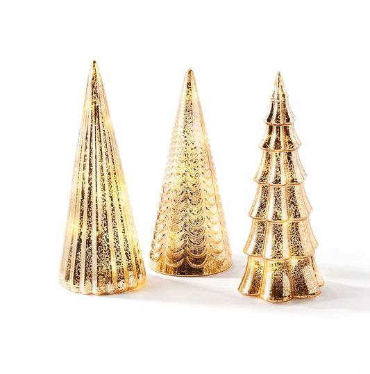 LampLust Table Top Christmas Tree Decorations with Fairy Lights, Set of 3 Assorted Trees, 10 Inch Tall, Gold Mercury Glass Finish, Batteries Included, Holiday Table Centerpiece and Mantle Decor