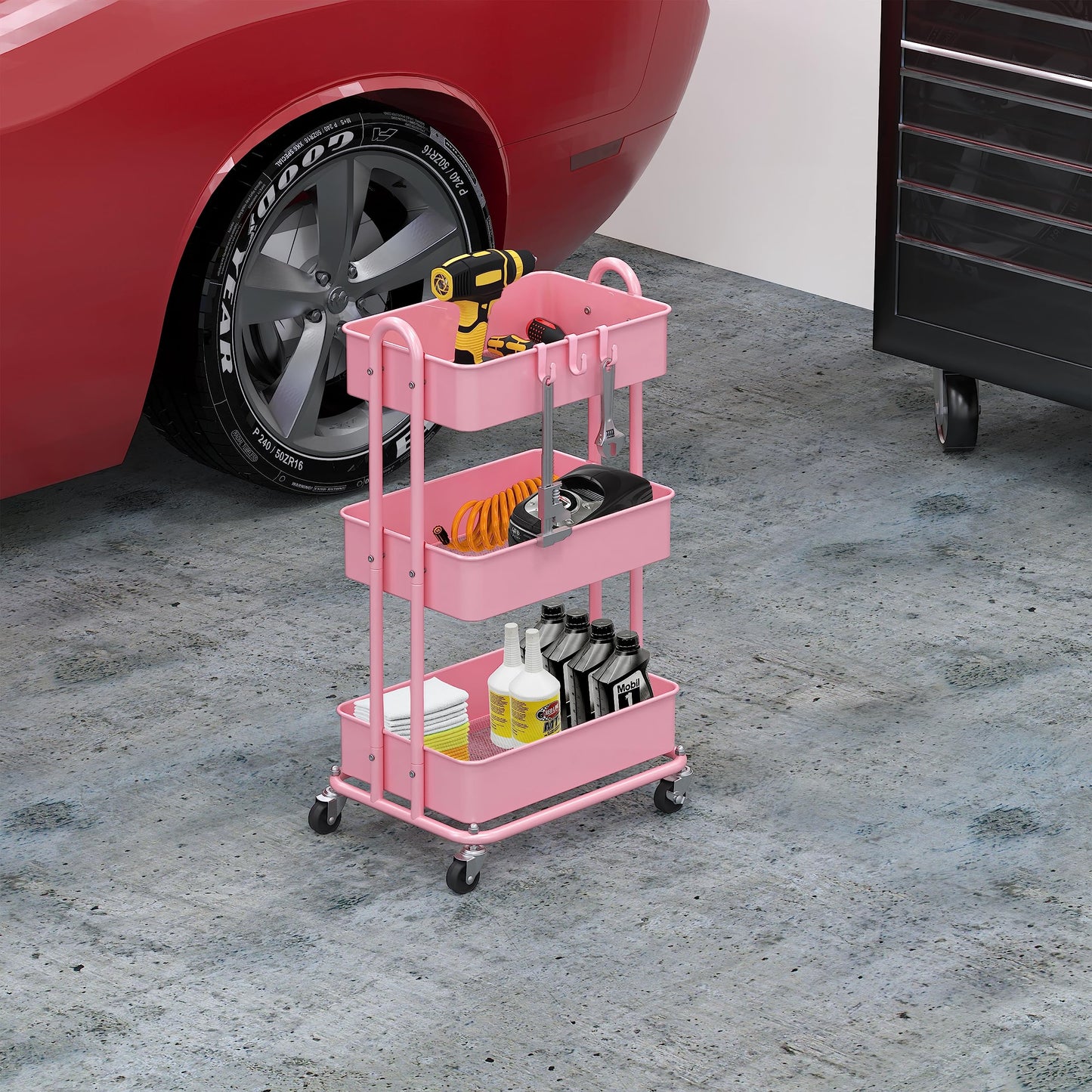 Simple Houseware Heavy Duty 3-Tier Metal Utility Rolling Cart, Pink