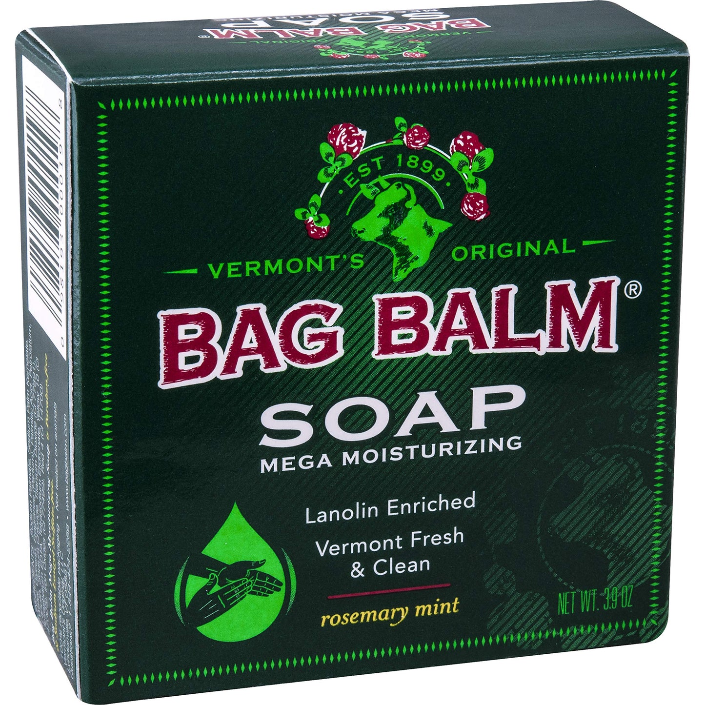 Vermont's Original Bag Balm Mega Moisturizing Soap, Lanolin Enriched Rosemary Mint Scented Moisturizing Soap, Great for Daily Use to Care for Dry Skin, 3.9 Ounce (Pack of 12)