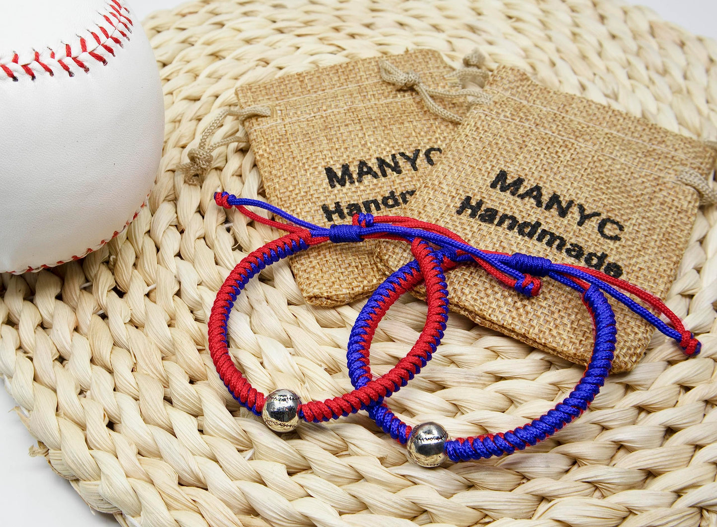 Handmade Braided Bracelets Baseball Gifts for Boys Adjustable Wristbands with Baseball Beads, Inspirational Baseball Bracelets for Girls Teens Adults (Blue Red 2PCS)