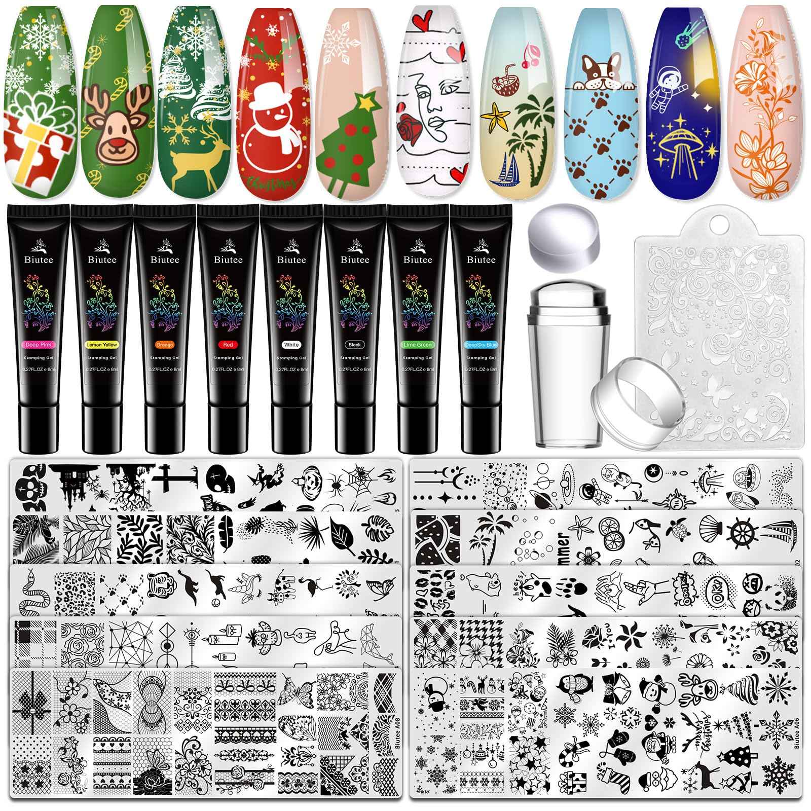 Biutee Gel Nail Stamping Kit with 8 Colors Nail Stamping Polish Gel Nail Stamping Plates 10PCS Nail Stamp Plates Nail Stamper Starry Sky Lace Flower Leaves Animal Nail Stamping Kit Nail Design