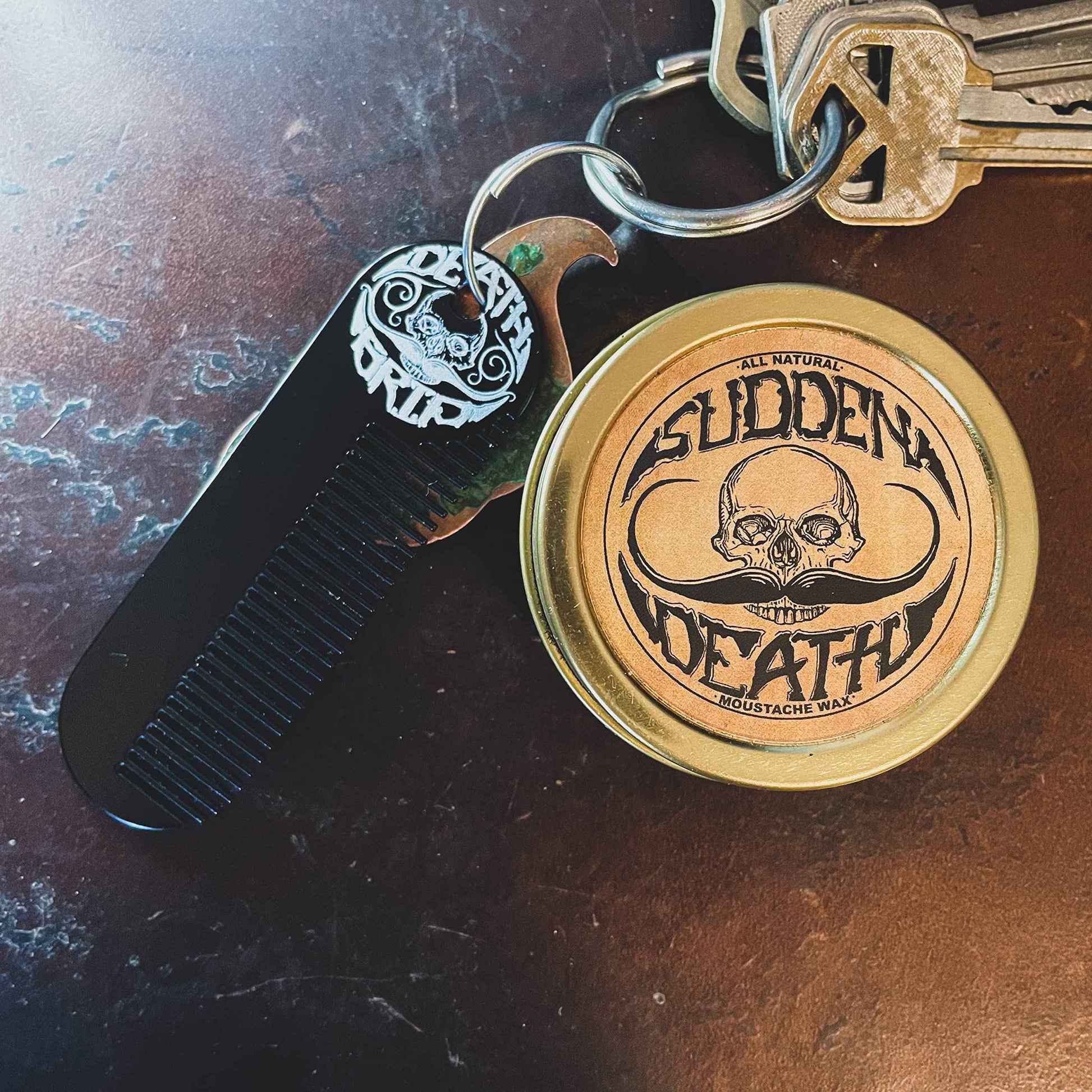 The Vintage Beard Company Sudden Death Strong Hold Mustache Wax and Death Grip Mustache Keychain Comb Set