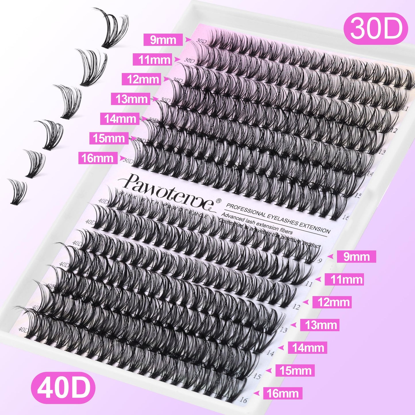 Pawotence Lash Clusters 280pcs Individual Lashes DIY Lash Extension Eyelash Clusters 30D 40D 9-16mm D Curl Cluster Lashes Extensions Self Application at Home (30D+40D-0.07D-9-16MIX)