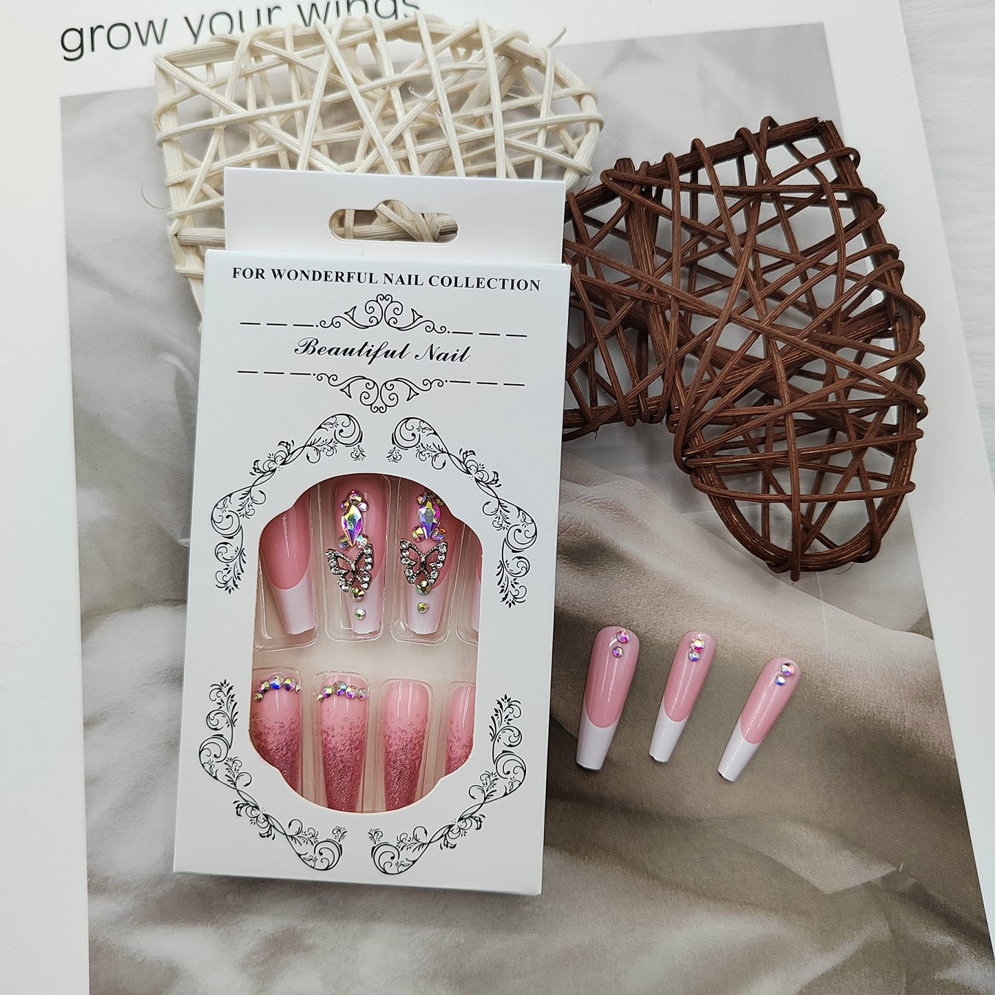 Luxury Long Press on Nails Coffin Pink Fake Nails Acrylic False Nails with Butterfly Rhinestones Design French Tip Full Cover Stick on Nails Glossy Artificial Nails Women