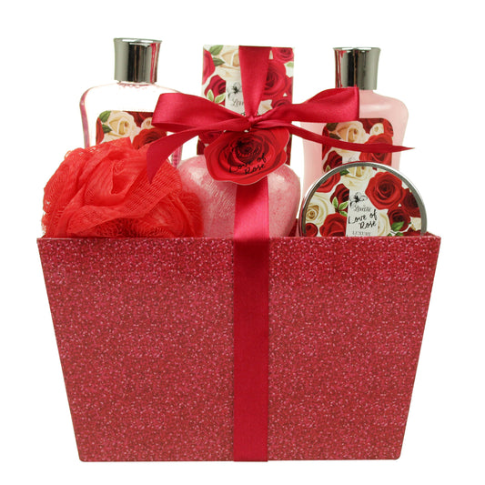 Valentine's Day Bath and Body - Spa Gift Baskets for Women & Girls, Spa Kit Birthday Gift Includes Love of Rose Scent Shower Gel, Bubble Bath, Body Lotion, Bath Salt,Red Bath Puff and Heart Bath Bomb