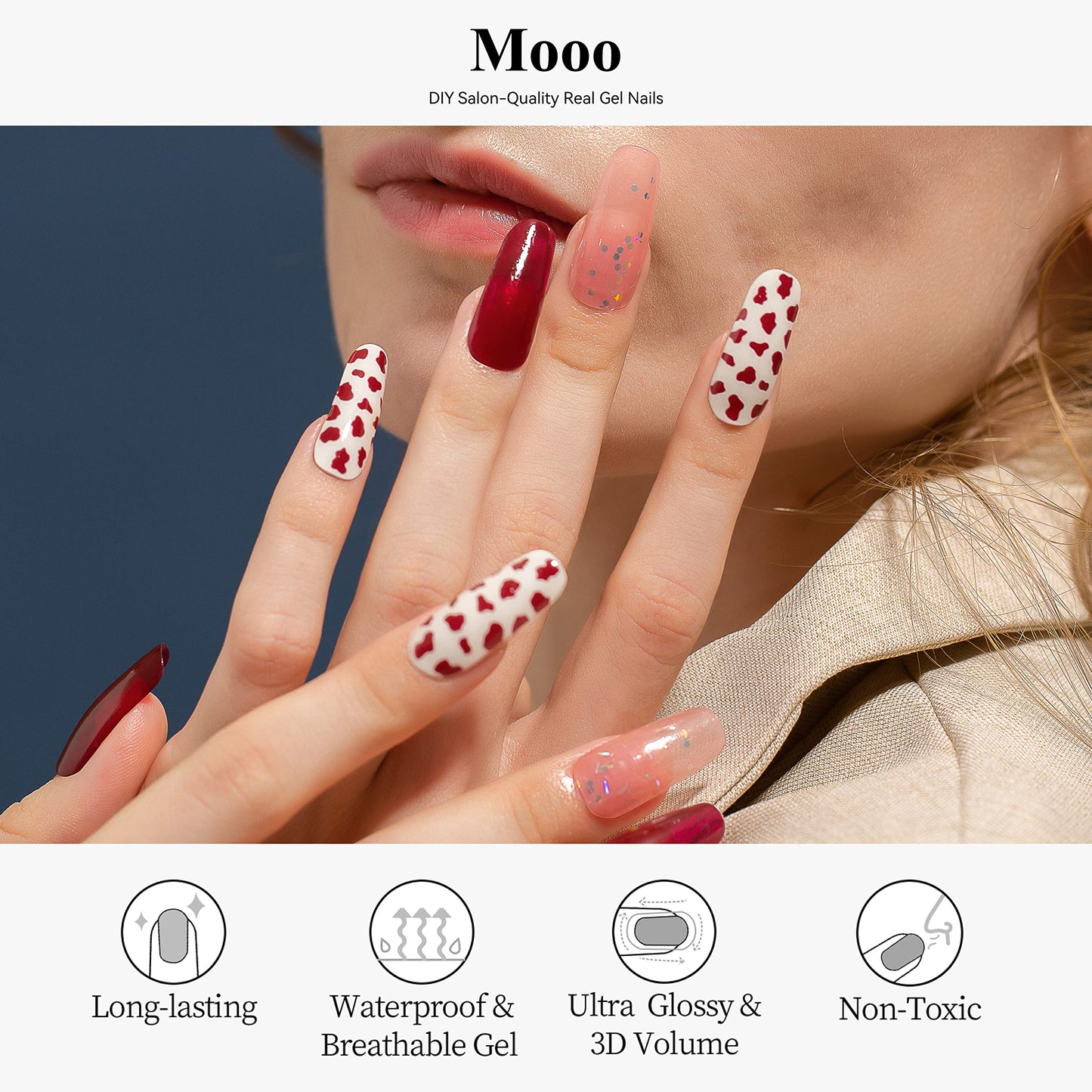 Drizzle Semi Cured Gel Nail Strips, Real Nail Polish Art Stickers (UV/LED Light Required),Glossy,Glitter, Solid Color,Full Nail Wraps Long Lasting,Nail Strips Decal for Women (Mooo-1)