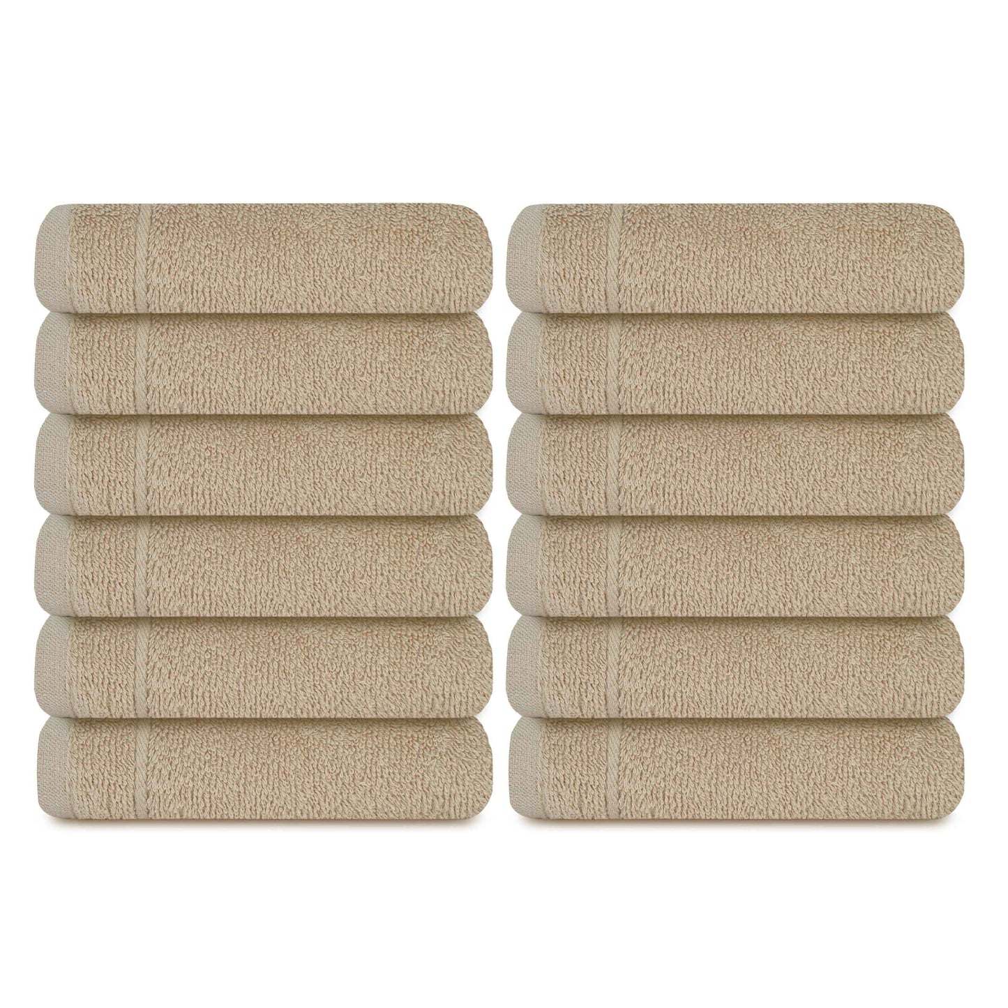 Tens Towels Pack of 12 Washcloths, 12 x 12 Inches, Lighter Weight, Quick to Dry, Super Soft & Absorbent, Gentle Face Towels, Hotel Quality, Perfect for Bathroom, Gym, Spa (Beige, 12 Pack)