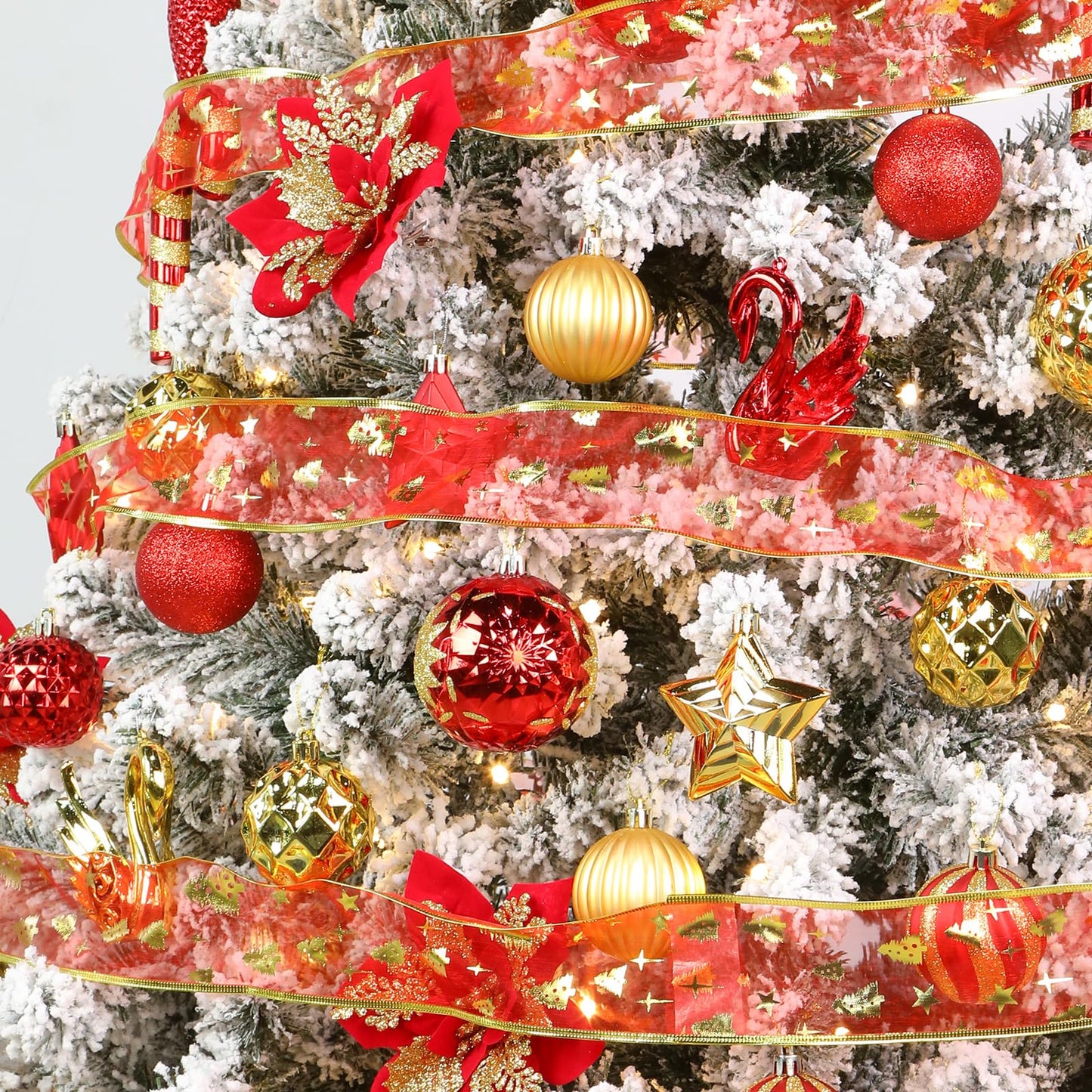 Alupssuc 128pcs Christmas Balls Ornaments Set, Shatterproof Plastic Baubles Christmas Flowers, Ribbon and Tree Topper for Xmas Tree Holiday Wedding Party Decorations with Hanging Strings, Red and Gold