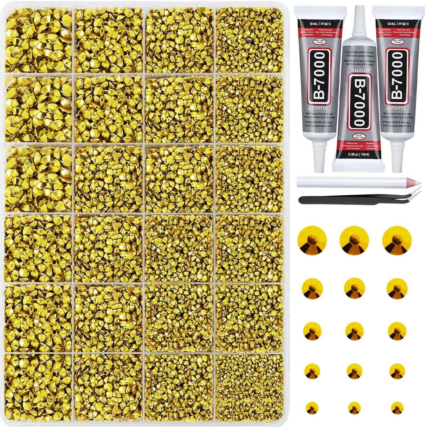 30000+Pcs Resin Jelly Rhinestones for Bedazzling, Gold AB 2-6mm Bedazzler Flatback Gems Kit with 3Pcs 10ml B7000 Jewelry Glue, for Clothing Crafts Tumblers Shoes Book Nail Art