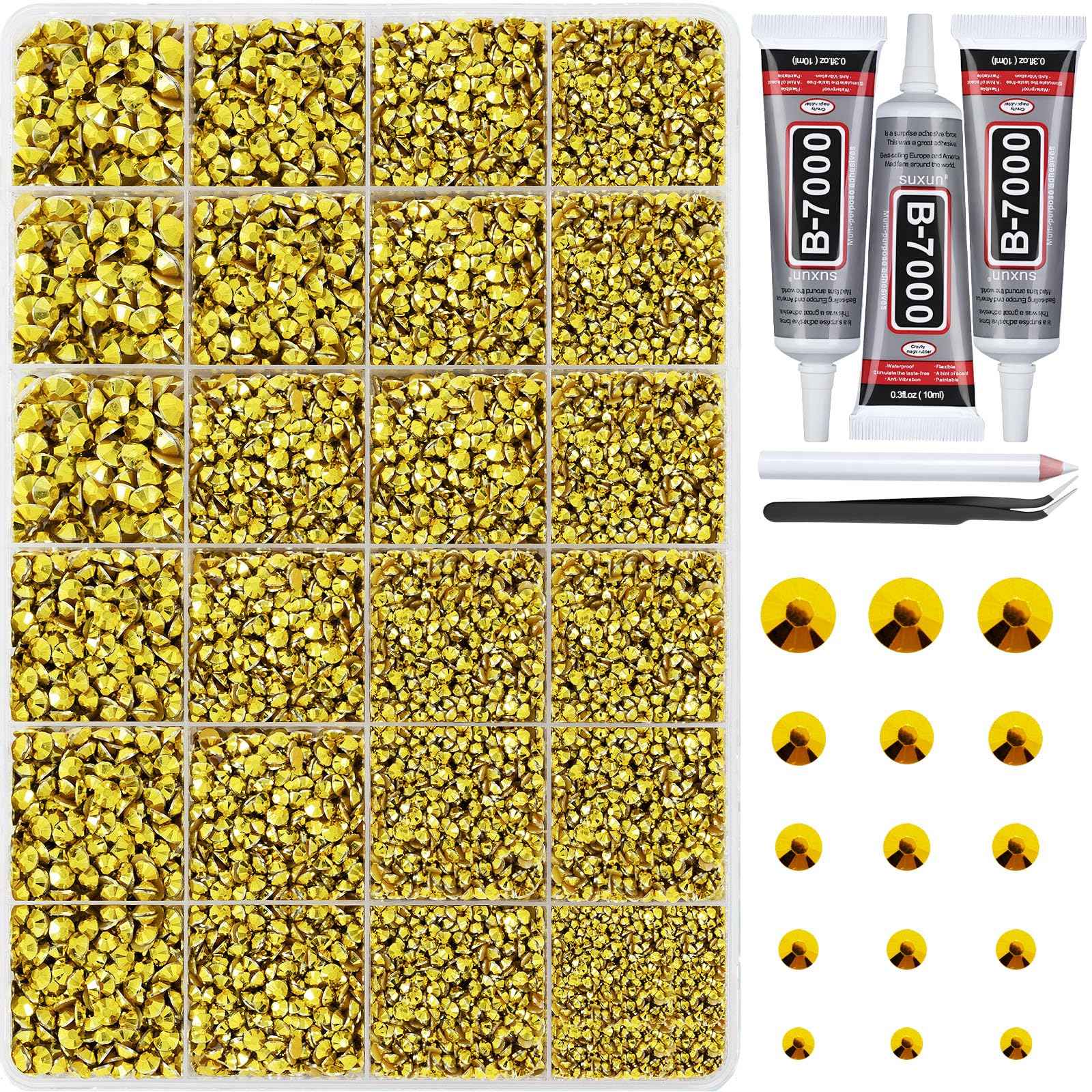 30000+Pcs Resin Jelly Rhinestones for Bedazzling, Gold AB 2-6mm Bedazzler Flatback Gems Kit with 3Pcs 10ml B7000 Jewelry Glue, for Clothing Crafts Tumblers Shoes Book Nail Art