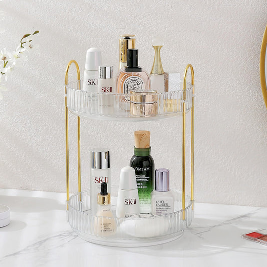 Rotating Makeup Organizer for Vanity, Skincare Make Up Storage Perfume Organizers for bathroom countertop, Clear Cosmetic Organizer for Dresser, Lipstick Hair product Spinning Stand Organizer (2 Tier,