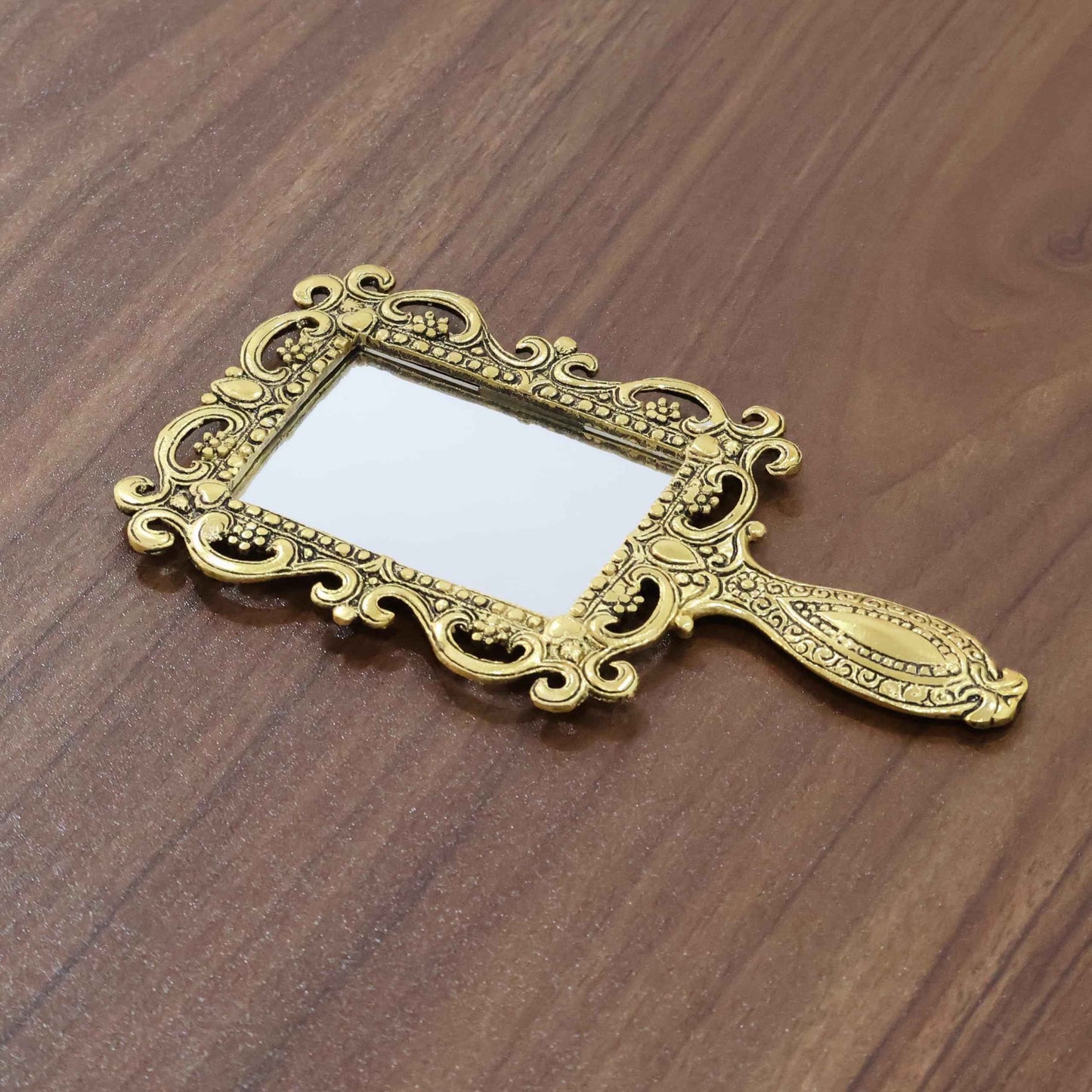 KridayKraft Beautifully Carved Square Shape Gold Plating Metal Hand Mirror for Makeup, Travelling, Salon Mirror & Decorative Antique Item, Framed
