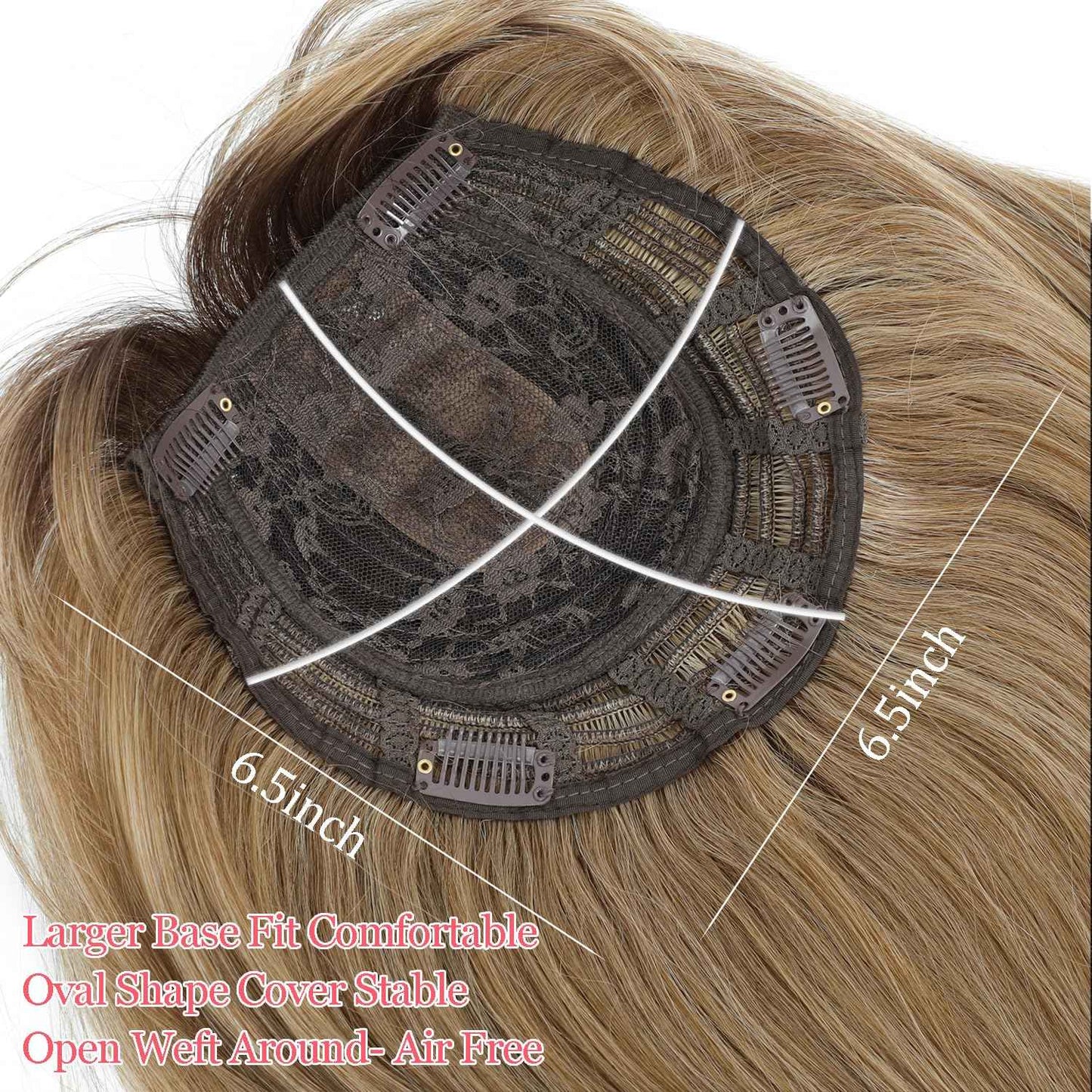 Megito 18inch Hair Topper with Bangs Synthetic 6.5"X6.5" Big Base Cover Clip in Hairpieces for Women with Thinning Hair Add Volume Daily Use(Brown Blonde with Dark Root)