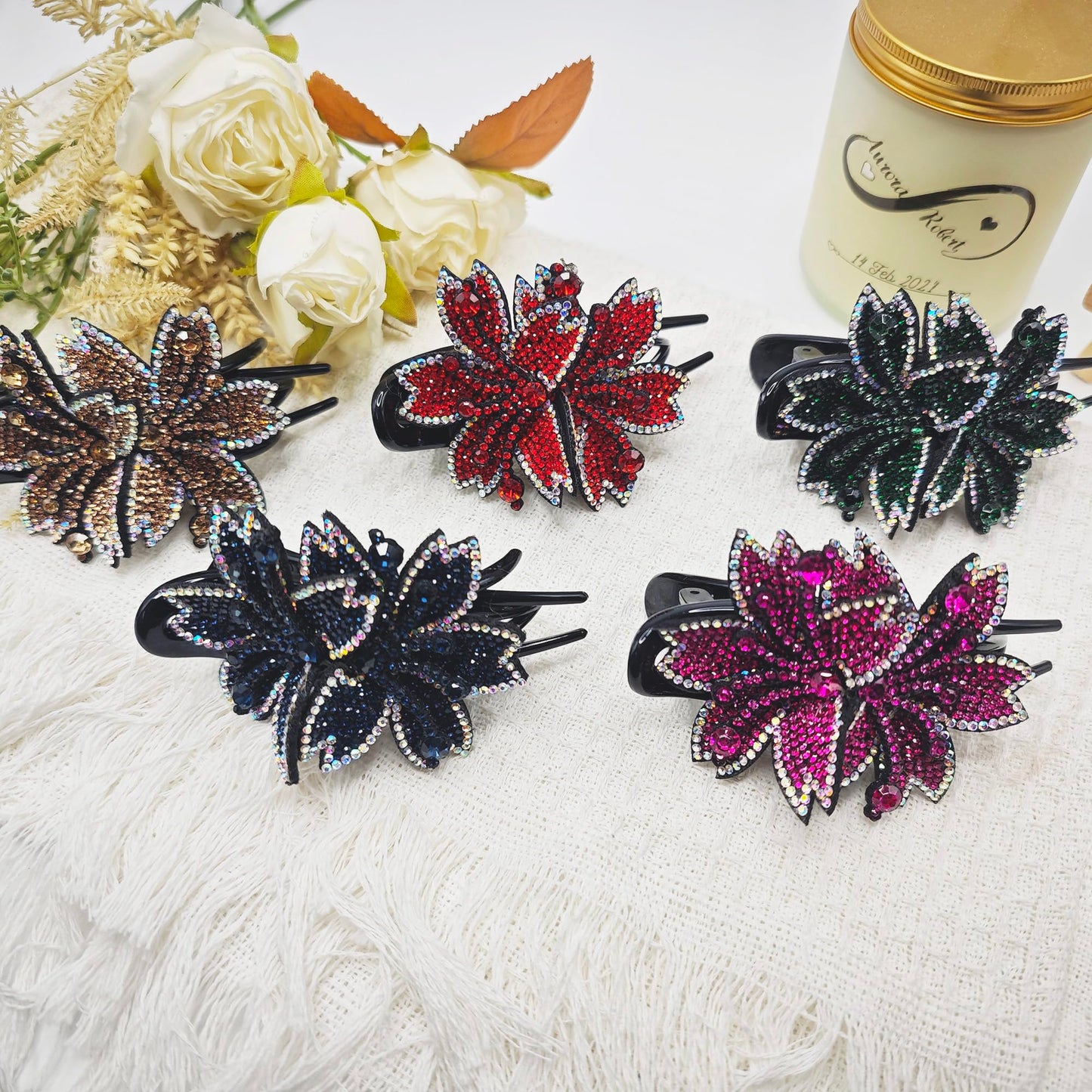 5Pcs Shiny Crystal Hair Clips,Double Flower Hair Clip,Cute Flower Duckbill Hair Clip for Thick Hair,Fancy Rhinestones Hair Accessories,Decorative Hair Clips for Women（Red Blue Green Gold Purple）