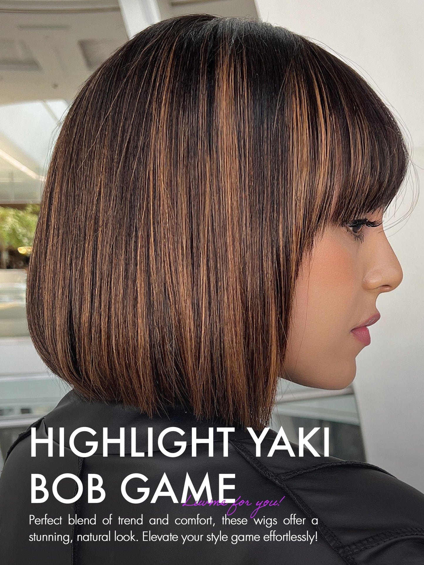 LUVME HAIR 10 Inch Yaki Straight Bob Wig with Bangs Human Hair Glueless HD Lace Bob Wig with Brown Highlights, Ready to Go Short Wigs For Women 180 Density (Breathable Cap)…