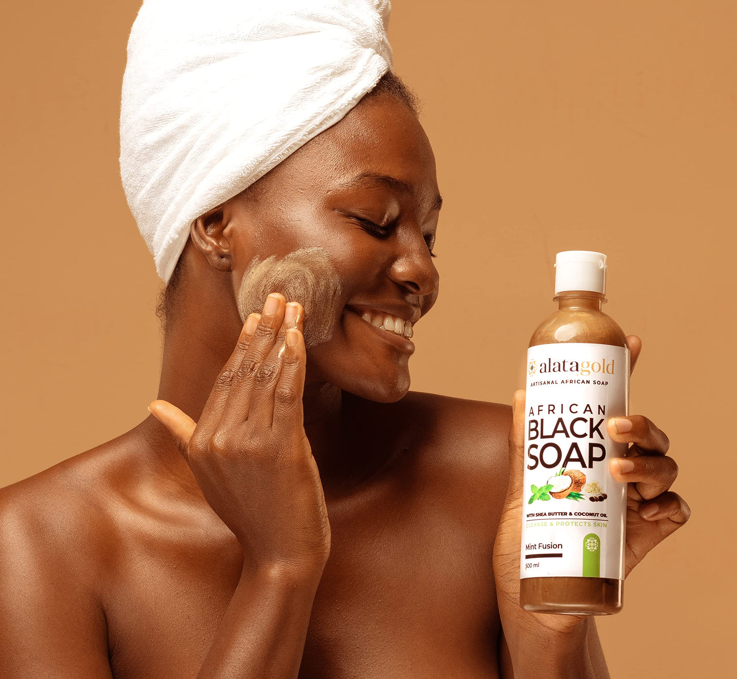 AlataGold Authentic African Black Soap Shower Gel (16.9 oz) – Shea Butter, Honey, Aloe Vera & Coconut Oil Body Wash For Sensitive Skin. Helps with Acne - Cleanse & Moisturize. PACK OF 2 (Mint)