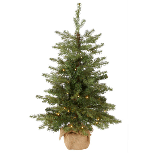 National Tree Company Pre-Lit 'Feel Real' Artificial Mini Christmas Tree, Green, Nordic Spruce, White Lights, Includes Burlap Bag Base, 3 Feet