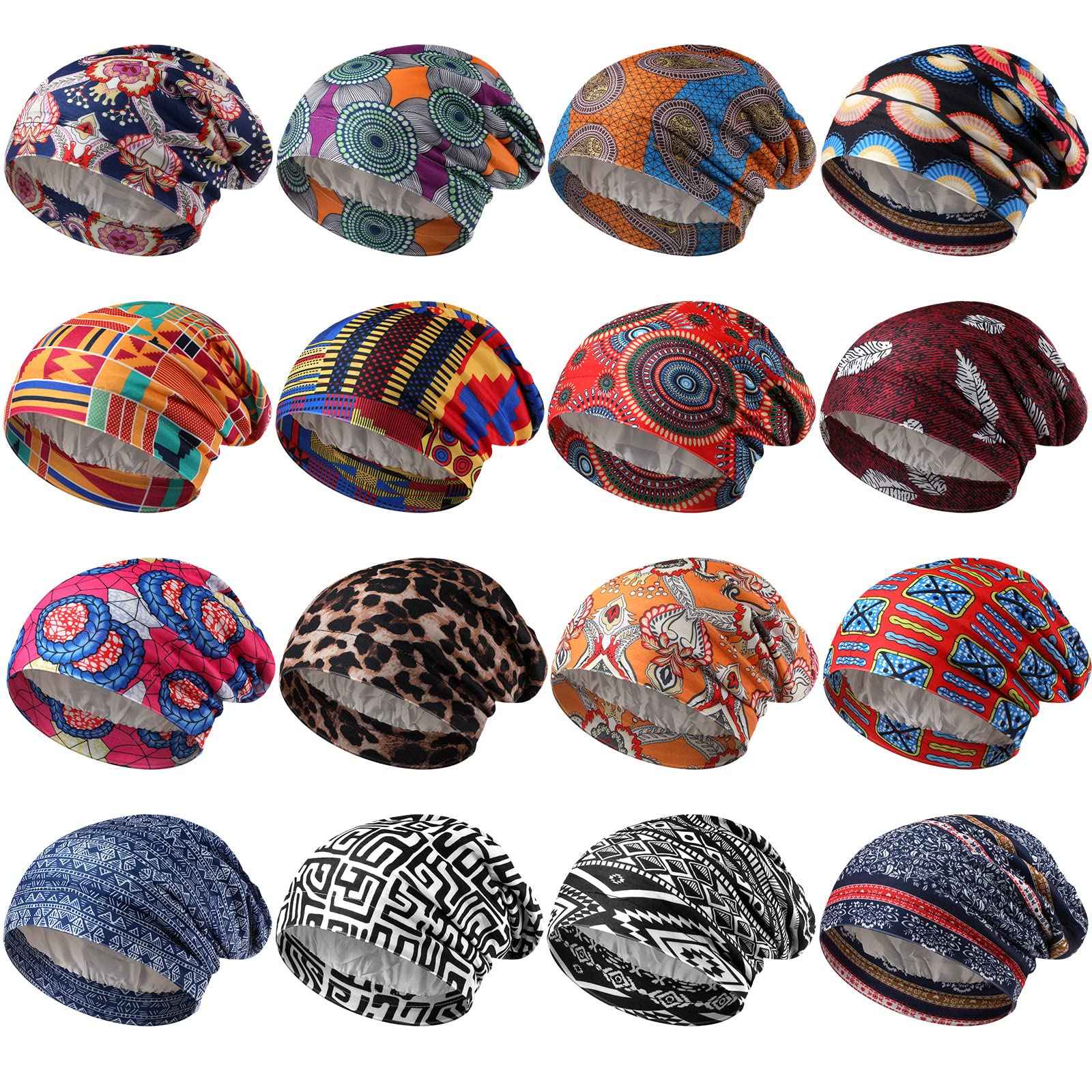 16 Pcs Satin Lined Sleep Cap African Silk Bonnet Beanie Double Layer Style Silk Hair Wrap Cover for Women (Stylish Style)