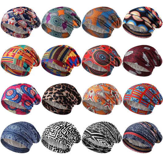 16 Pcs Satin Lined Sleep Cap African Silk Bonnet Beanie Double Layer Style Silk Hair Wrap Cover for Women (Stylish Style)