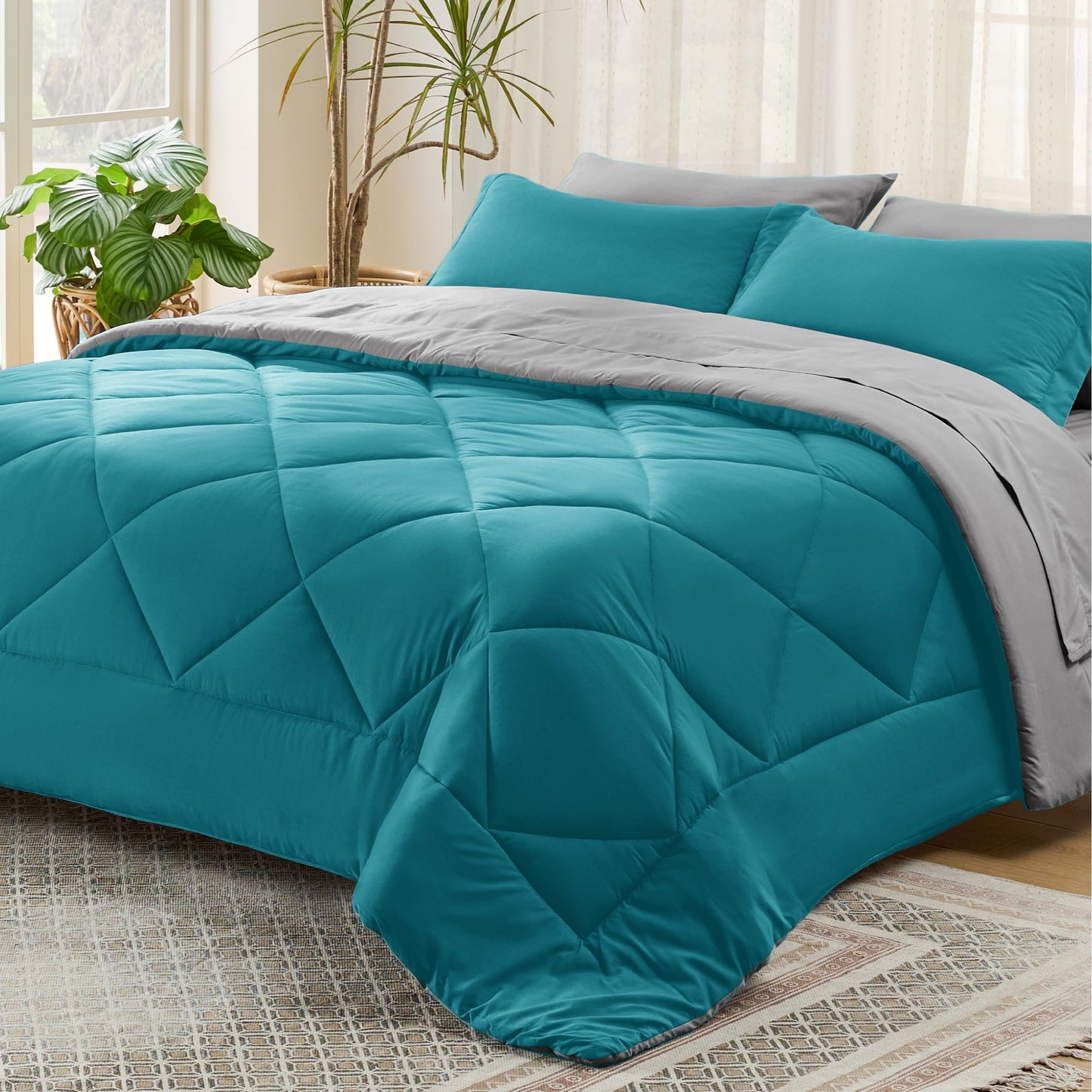 Bedsure Teal Twin Comforter Set - 5 Pieces Reversible Twin Bed in a Bag, Extra Long Twin Bed Set with Comforters, Sheets, Pillowcase & Sham, Twin Bedding Sets for College