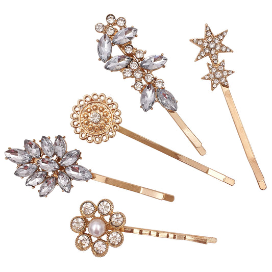 5-Pack Vintage Crystal Decorative Bobby Pins Hair Accessories Gold Tone Women