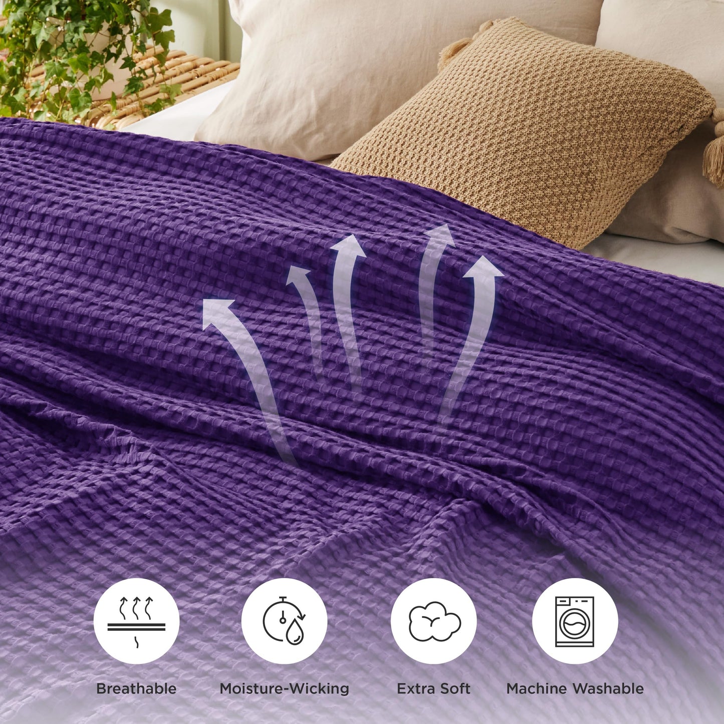 Bedsure Cooling Cotton Waffle Weave Throw Blanket - Lightweight Breathable Blanket of Rayon Derived from Bamboo for Hot Sleepers, Luxury Throws for Bed, Couch and Sofa, Purple, 50x70 Inches