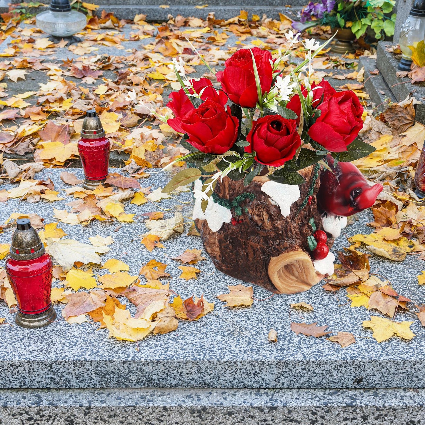 bocola Cardinal Cemetery Decorations Cardinal Grave Vase with Artificial Roses Flowers for Headstones Gravesite Graveyard Decorations Memorial Gift