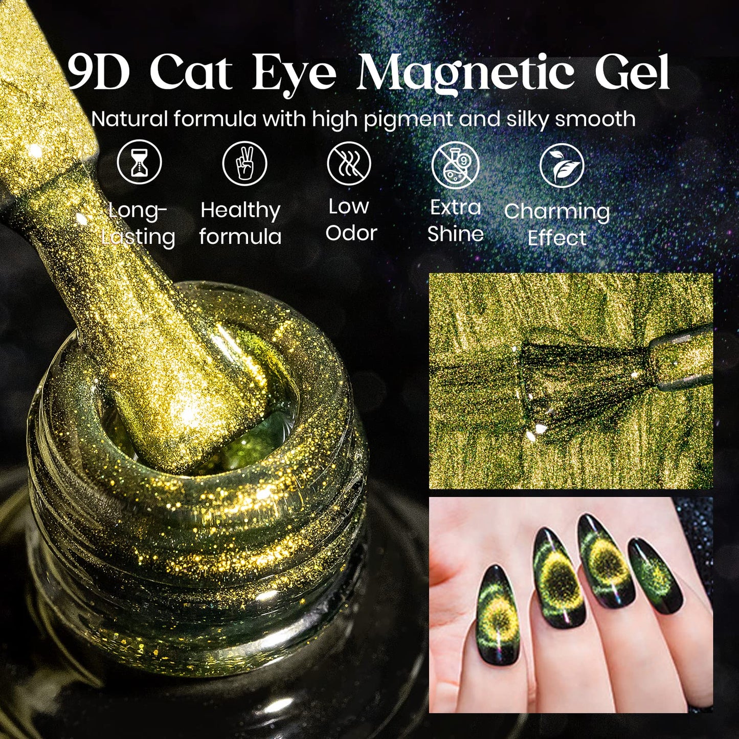 MIZHSE 9D Cat Eye Gel Nail Polish 10ml, Holographic Galaxy Cateye Magnetic Nail Polish Gel, Magic Chameleon Manicure Set(Yellow&Green)