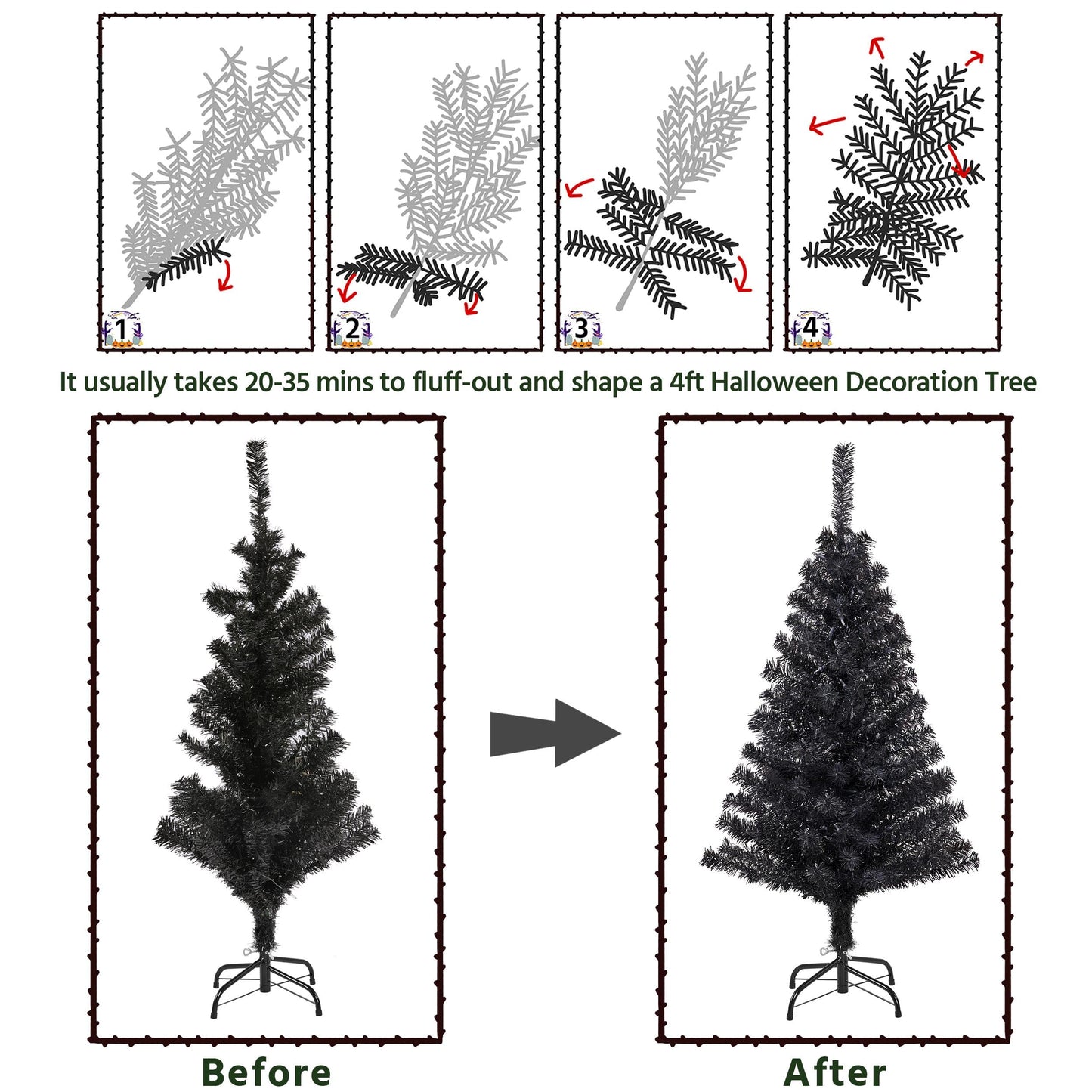 Yaheetech 4ft Pre-lit Halloween Black Spruce Artificial Hinged Christmas Pine Tree Prelighted Xmas Tree for Home Party Holiday Decoration with 70 Clear Warm White Lights and 110 Branch Tips, Black