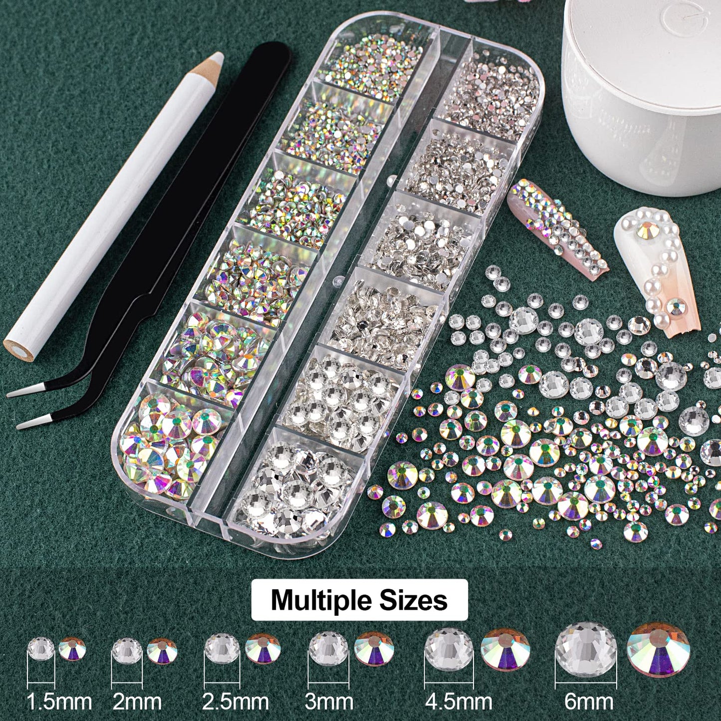 Flat Back Rhinestones&Pearls Kits Round Glass Crystal Transparent White Gems+White Pearls With Quick Dry Makeup Glue+Picker Pencil+Tweezer For Nail Art And Face Eye Body Make-up