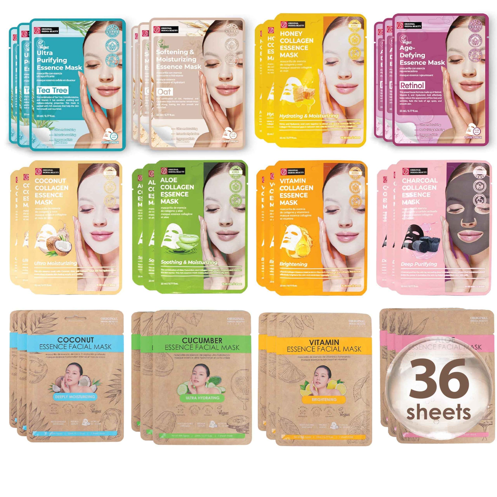 Innerest Original Derma Beauty Collagen Face Mask Skin care 36 PK Collagen Essence Assortment Face Masks Skincare Sheet Masks Face mask skin care Korean Face Mask