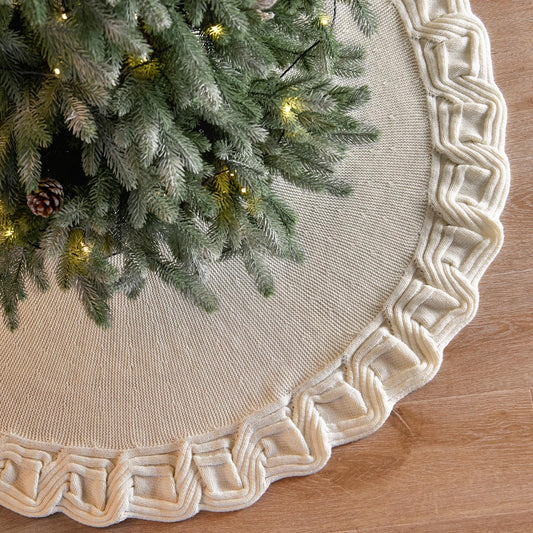 KHOYIME White Knitted Christmas Tree Skirt 48 Inches, Rustic Vintage Large Xmas Tree Rug Skirt Chunky Thick Knit Boho Under Tree Skirt, Farmhouse Indoor Holiday Decorations New Year Home Party Decor