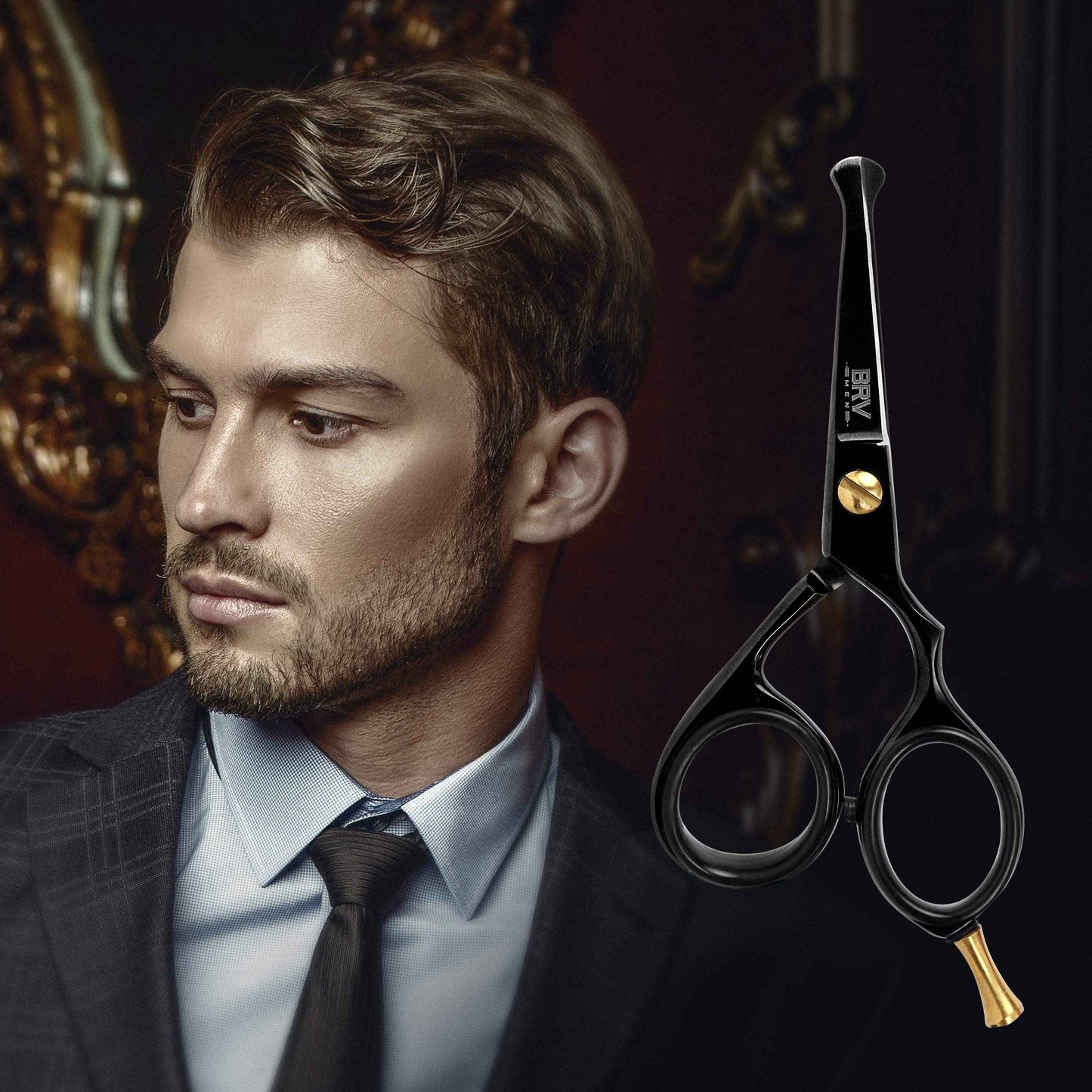 BRV MEN Rounded-Tip Small Trim Scissors for Men 4.2" | High Carbon Stainless Steel | Nose Hair for Men | Professional Grooming Scissors for Beard, Mustache & Ear Hair - RIGHT HANDED (Black)