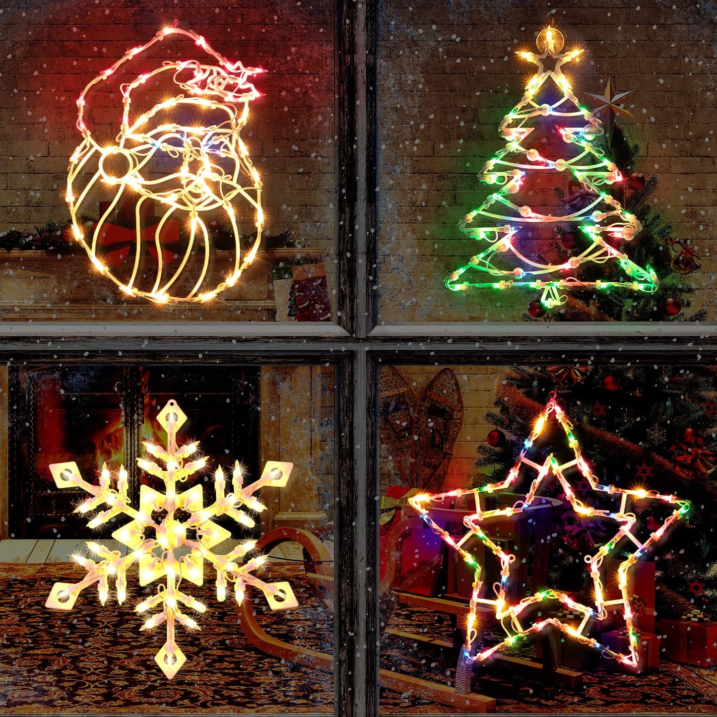 4 Pack Christmas Window Silhouette Lights Decorations, Santa Claus, Xmas Trees, Snowflake, and Star Window Silhouette with 50 Bulbs for Holiday Indoor Wall Door Glass Decorations