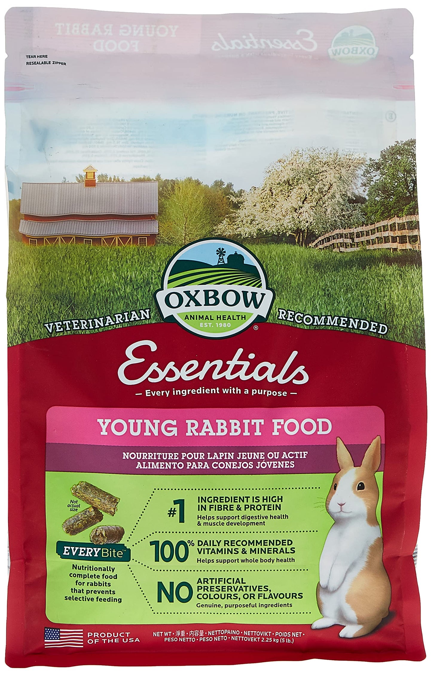 Oxbow Essentials Young Rabbit Food - All Natural Rabbit Pellets- High Energy & Calcium- Made in the USA - All Natural Vitamins & Minerals- Veterinarian Recommended- 5 lb.