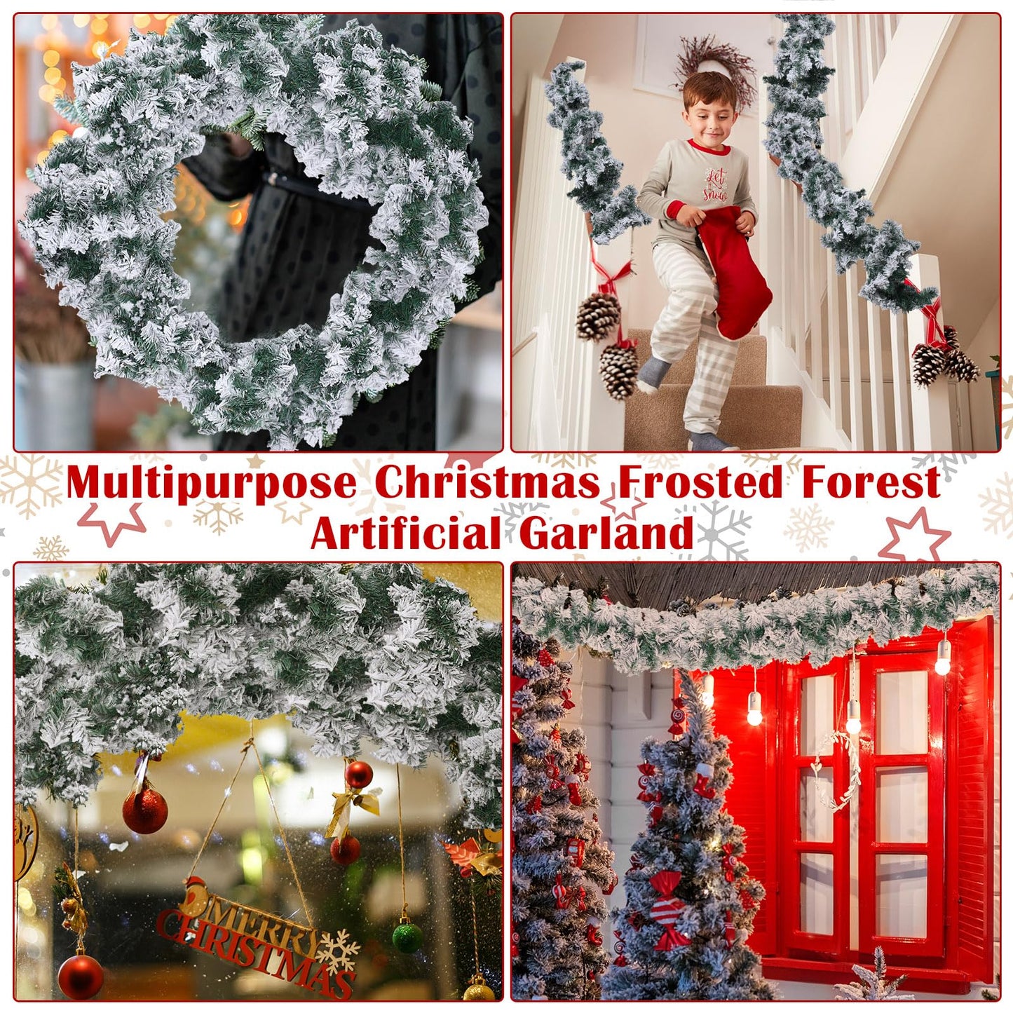 Hotop 2 Pcs 9 ft Christmas Snowy Flocked Garland White Flocked Spruce Garland Winter Frosted Artificial Pine Garland for Xmas Seasonal Indoor Home Fireplace Mantle Tree Stair Decor